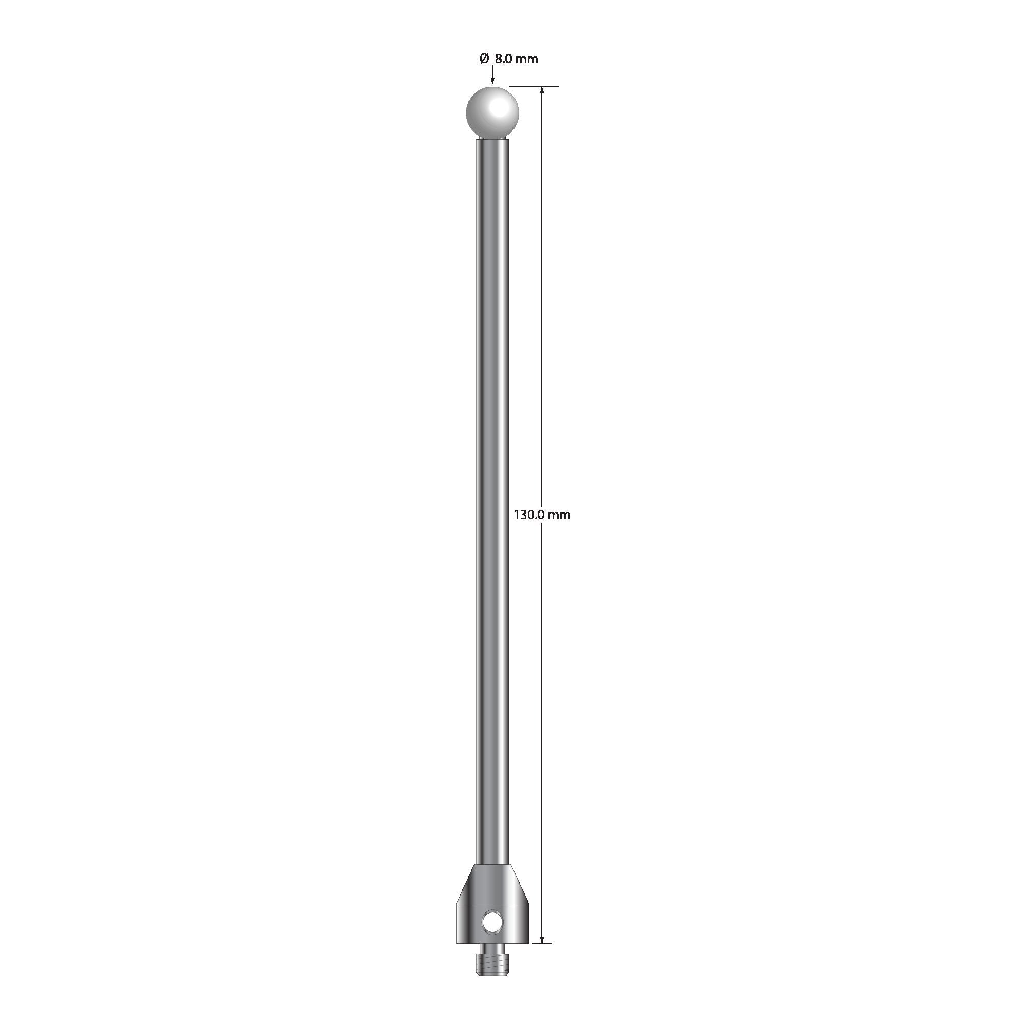ATG-80130-Z M5 stylus with 8.0mm zirconia ball, carbide stem, and stainless steel base, 130mm long by Q-Mark Manufacturing, Inc.
