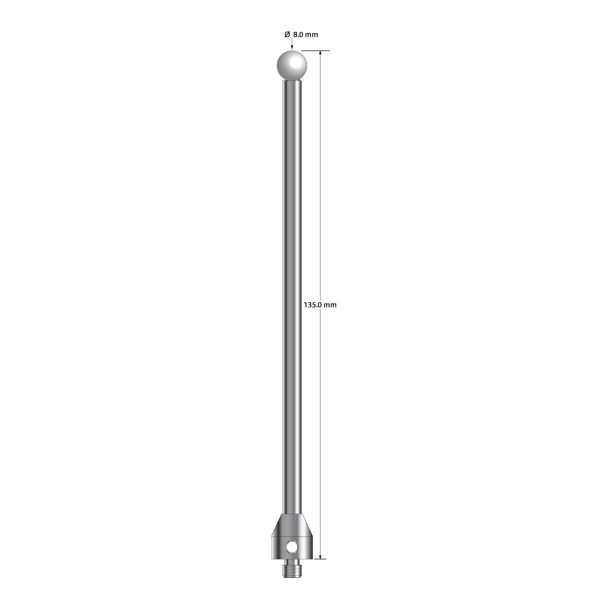 ATG-80135-Z M5 stylus with 8.0mm zirconia ball, carbide stem, and stainless steel base, 135mm long by Q-Mark Manufacturing, Inc.