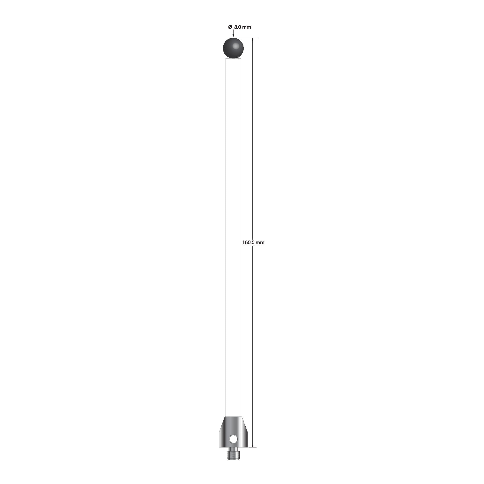 ATG-80160-C-SN M5 stylus with 8.0mm silicon nitride ball, ceramic stem, and aluminum base, 160mm long by Q-Mark Manufacturing, Inc.