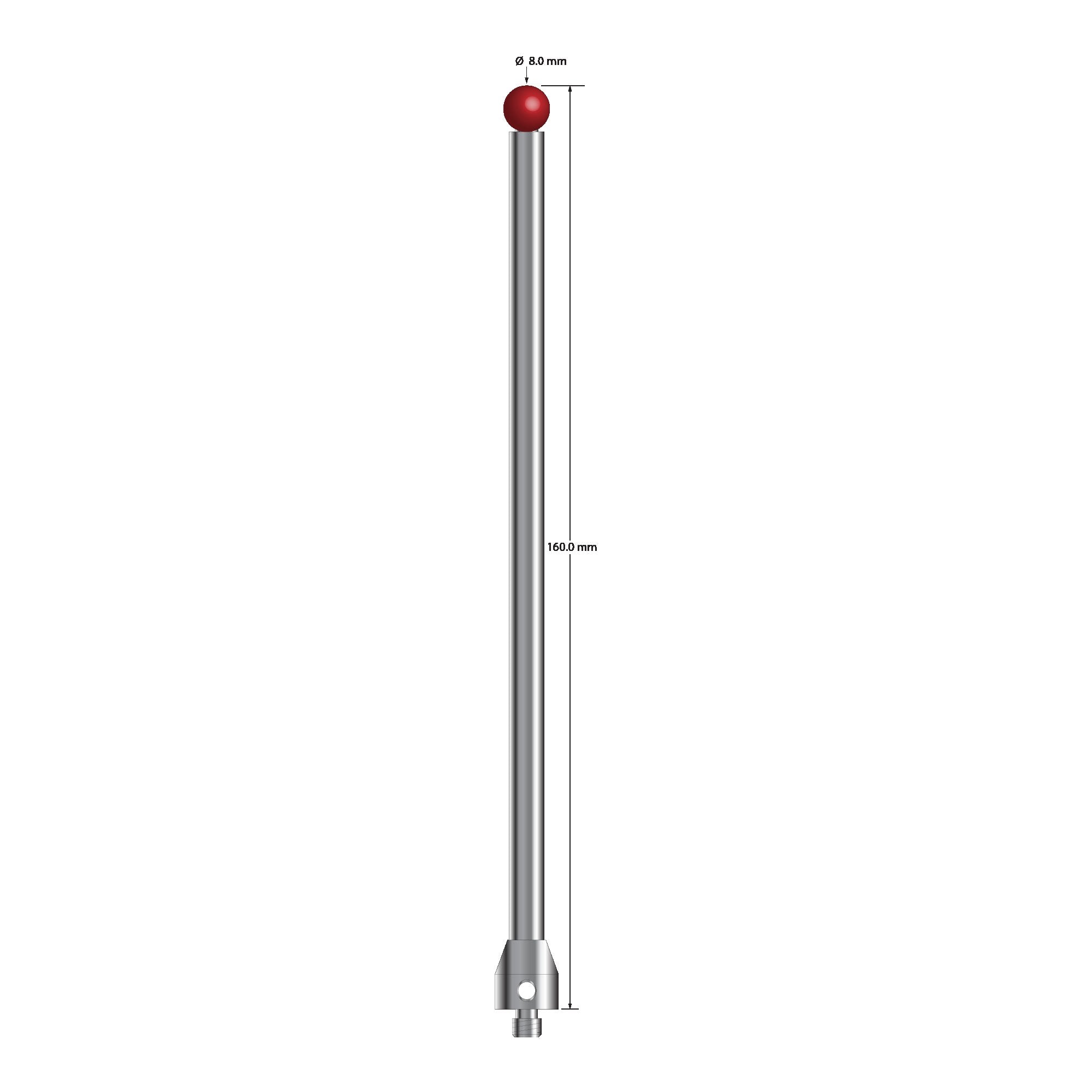 ATG-80160 M5 stylus, 8.0mm ruby ball, carbide stem, stainless steel base, 160mm long by Q-Mark Manufacturing, Inc.