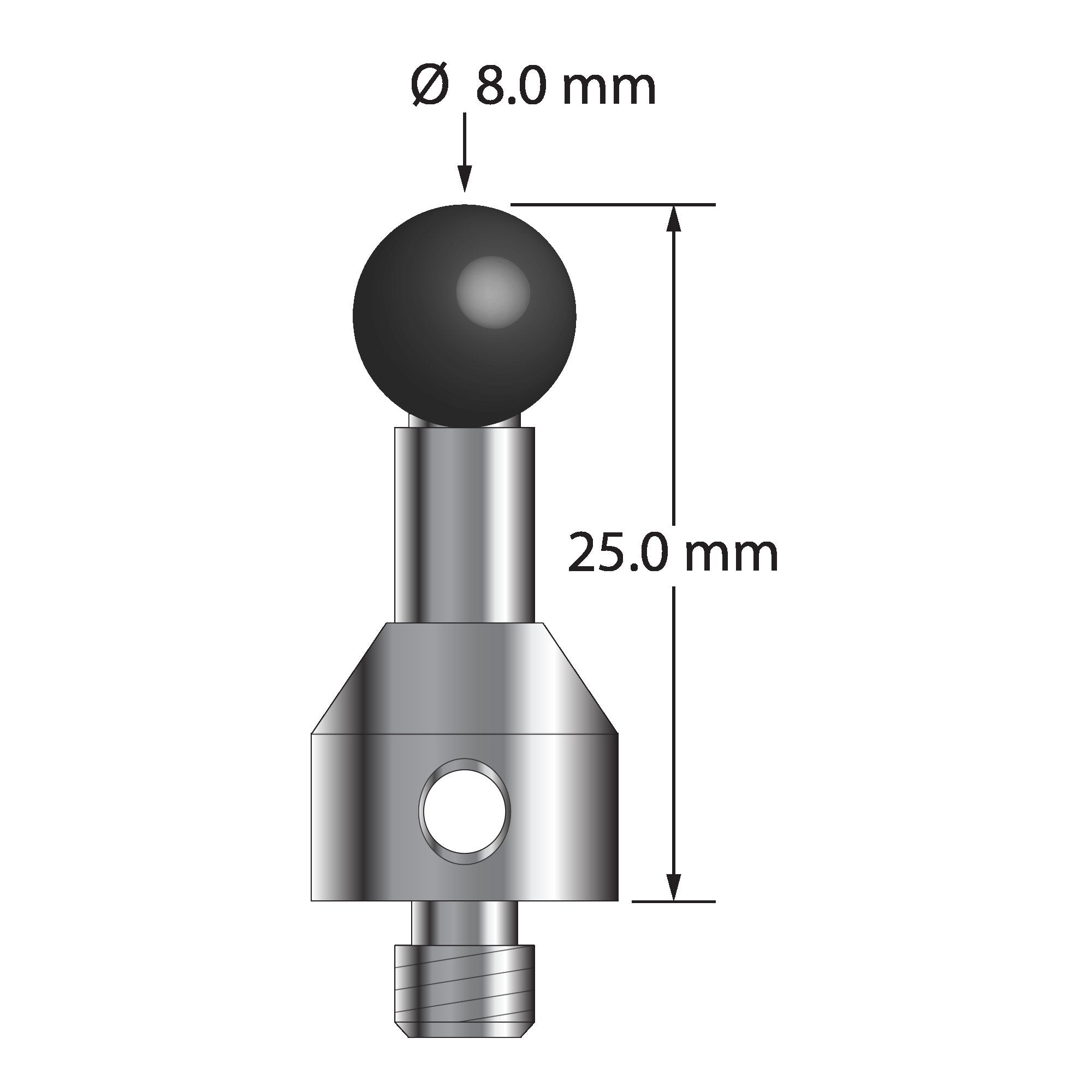 ATG-8025-SN M5 stylus with 8.0mm silicon nitride ball, carbide stem, and stainless steel base, 25.0mm long by Q-Mark Manufacturing, Inc.
