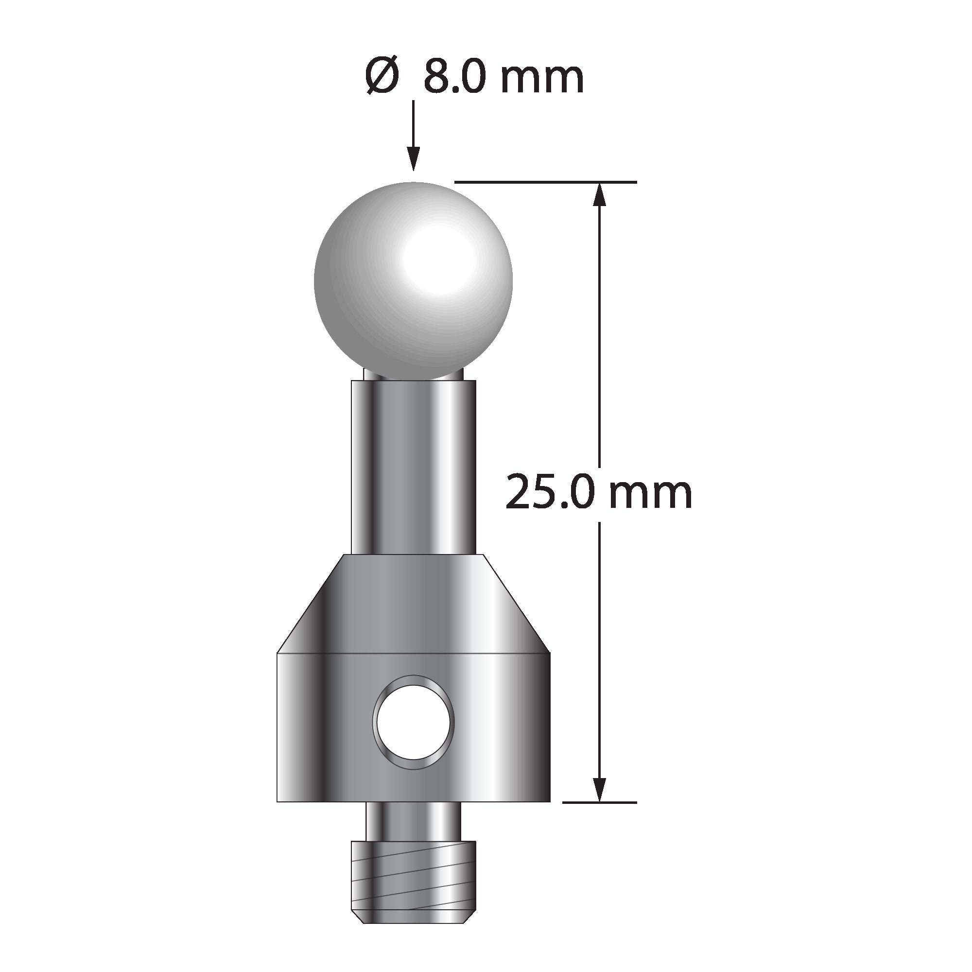 ATG-8025-Z M5 stylus with 8.0mm zirconia ball, carbide stem, and stainless steel base, 25.0mm long by Q-Mark Manufacturing, Inc.
