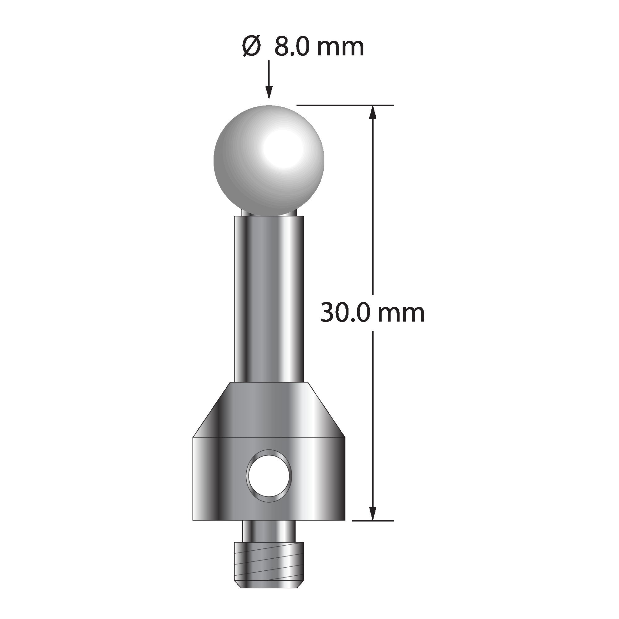 ATG-8030-Z M5 stylus with 8.0mm zirconia ball, carbide stem, and stainless steel base, 30mm long.