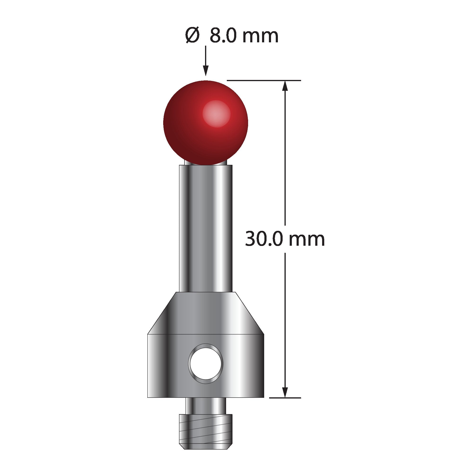 ATG-8030 M5 stylus with 8.0mm ruby ball, carbide stem, and stainless steel base, 30.0mm long by Q-Mark Manufacturing, Inc.