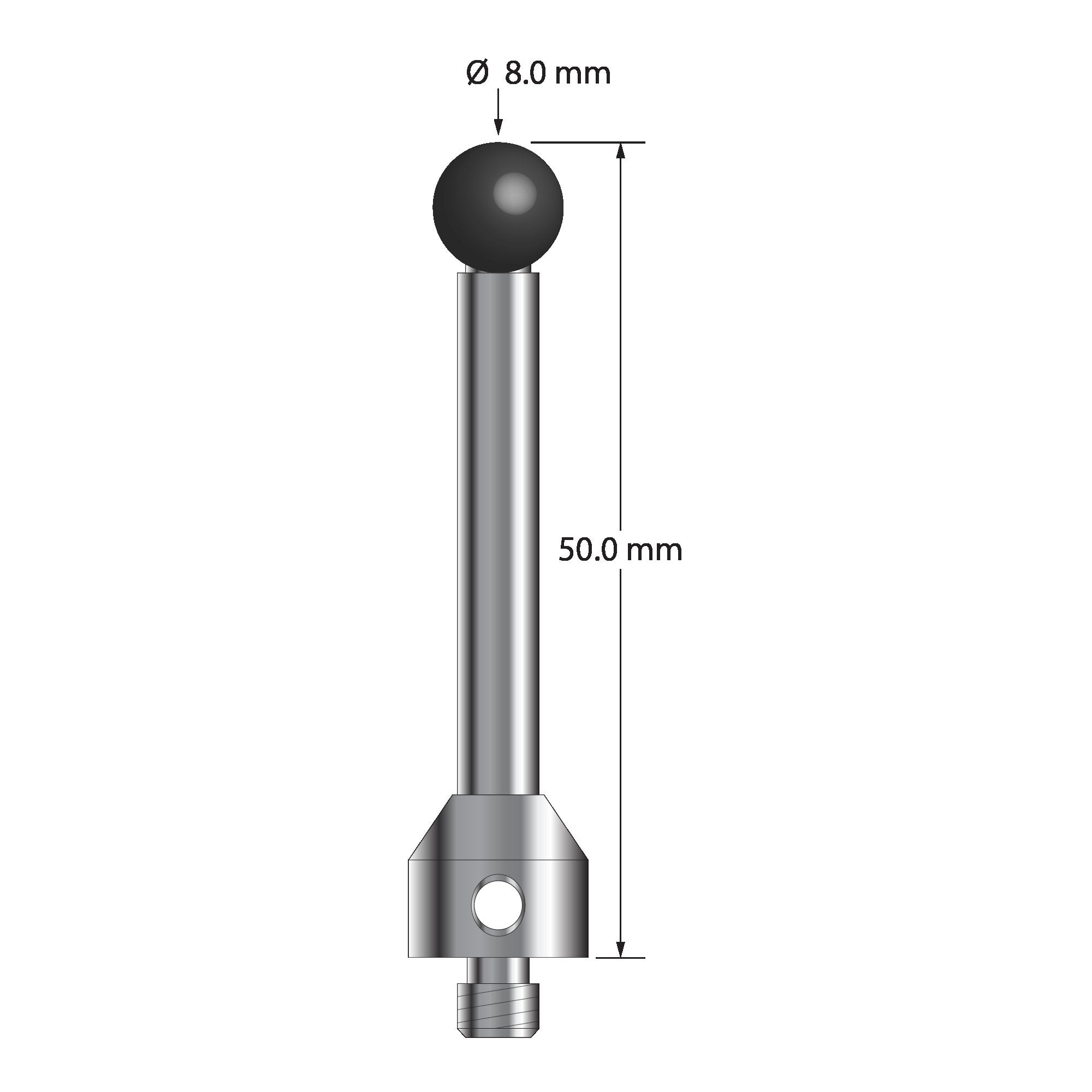 ATG-8050-SN M5 stylus with 8.0mm silicon nitride ball, carbide stem, and stainless steel base, 50mm long by Q-Mark Manufacturing, Inc.