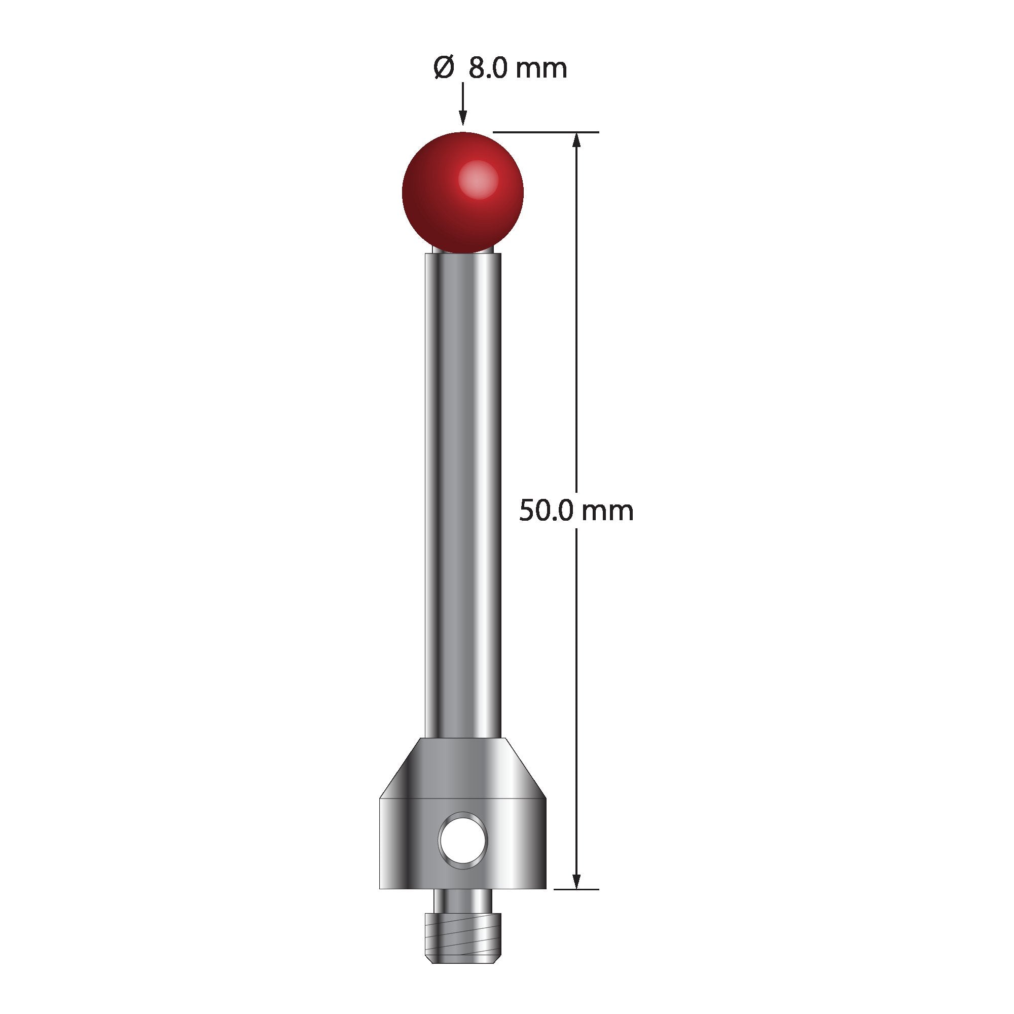ATG-8050 M5 stylus with 8.0mm ruby ball, carbide stem, and stainless steel base, 50.0mm long by Q-Mark Manufacturing, Inc.