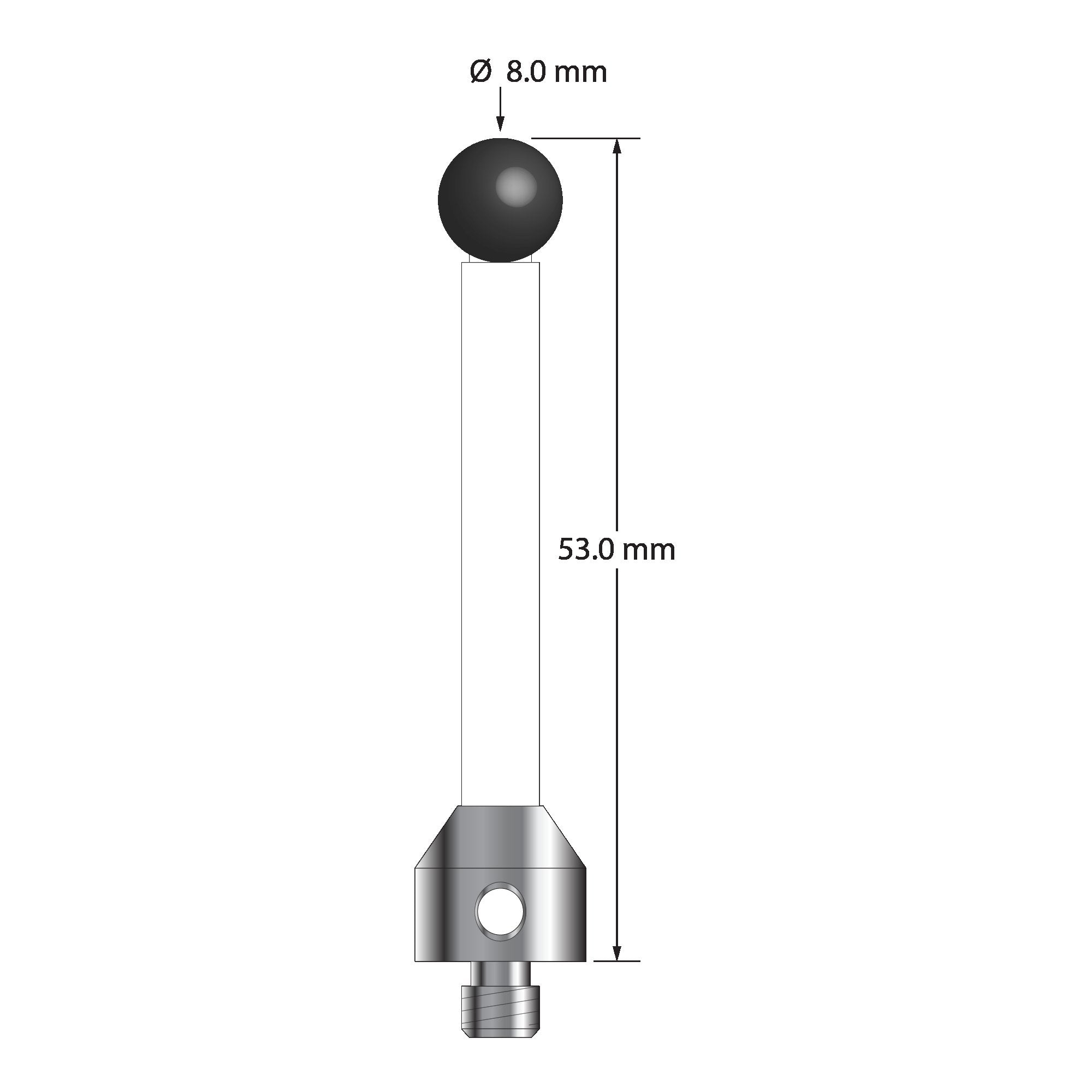 ATG-8053-C-SN M5 stylus with 8.0mm silicon nitride ball, ceramic stem, and aluminum base, 53.0mm long by Q-Mark Manufacturing, Inc.