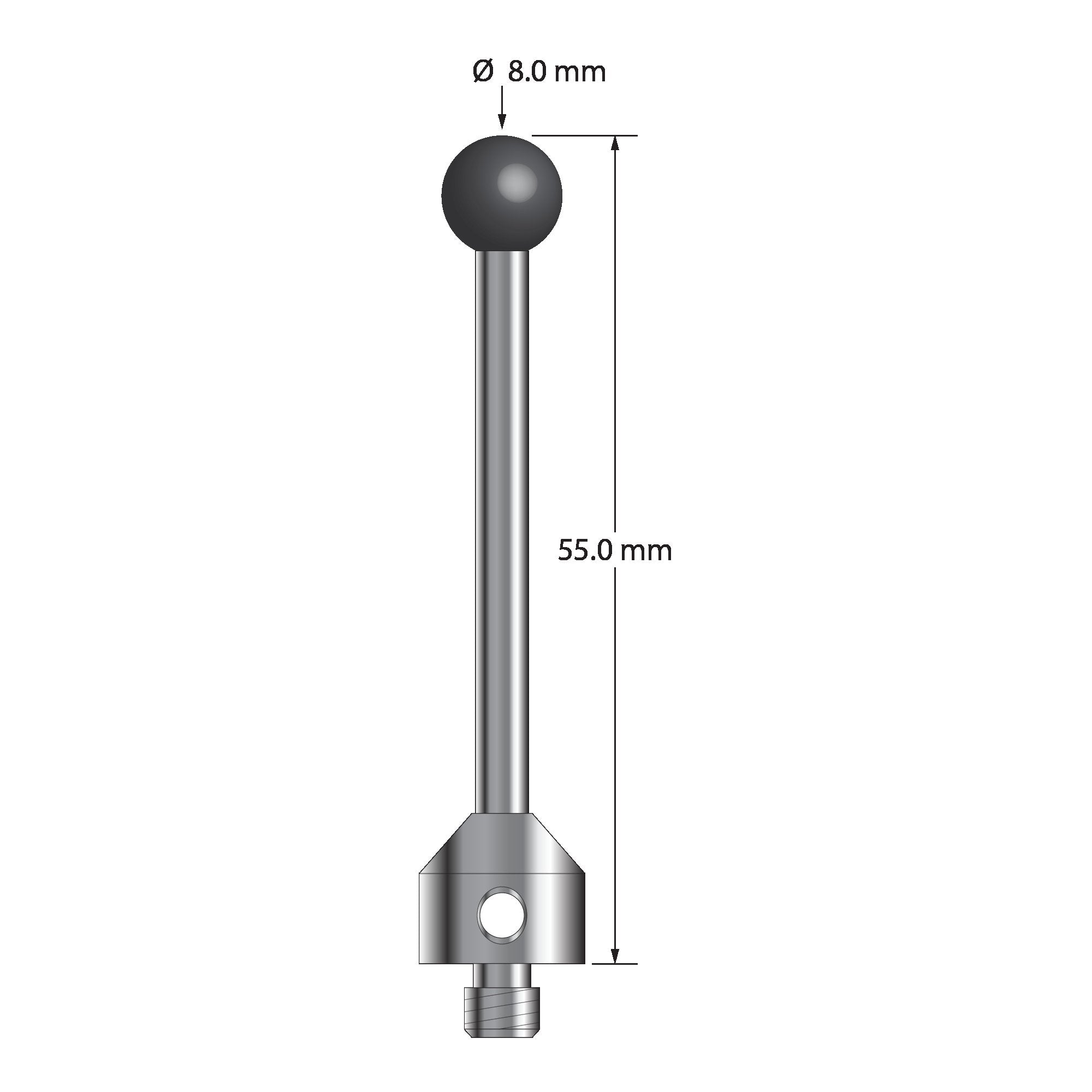 ATG-8055-DS3.5-SN M5 stylus with 8.0mm silicon nitride ball, carbide stem, and stainless steel base, 50.0mm long by Q-Mark Manufacturing, Inc.