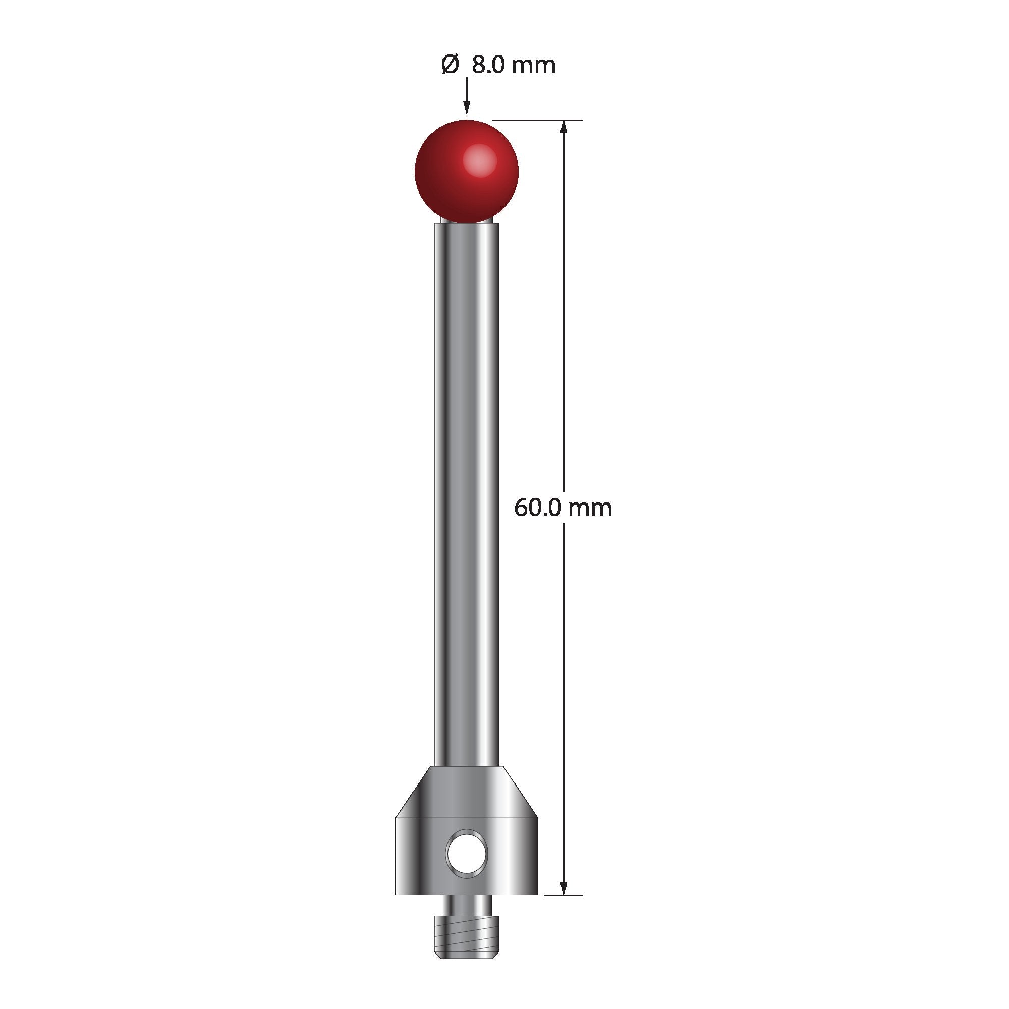 ATG-8060 M5 8.0mm ruby ball stylus with carbide stem and stainless steel base, 60.0mm long by Q-Mark Manufacturing, Inc.