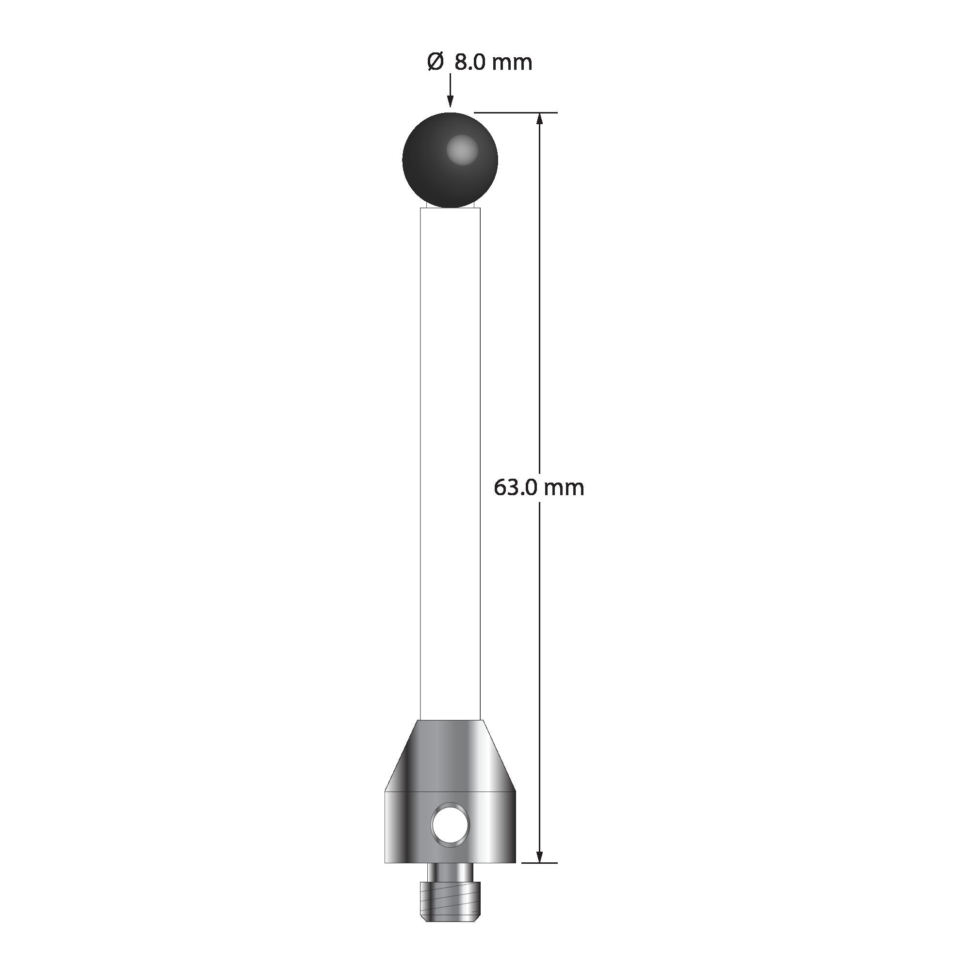 ATG-8063-C-SN M5 stylus with 8.0mm silicon nitride ball, ceramic stem, and aluminum base, 63.0mm long.