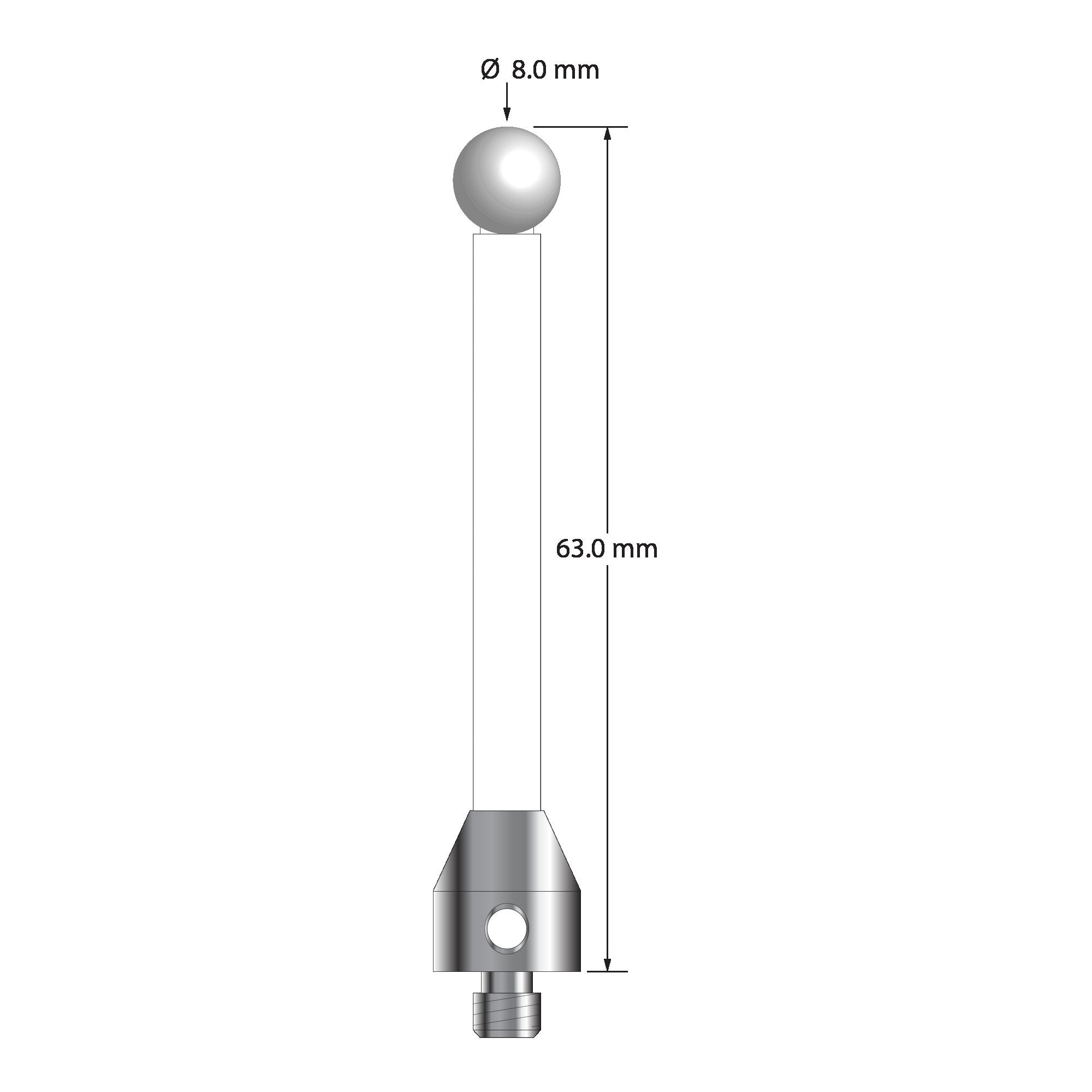 ATG-8063-C-Z M5 stylus with 8.0mm zirconia ball, ceramic stem, and aluminum base, 63.0mm long by Q-Mark Manufacturing, Inc.