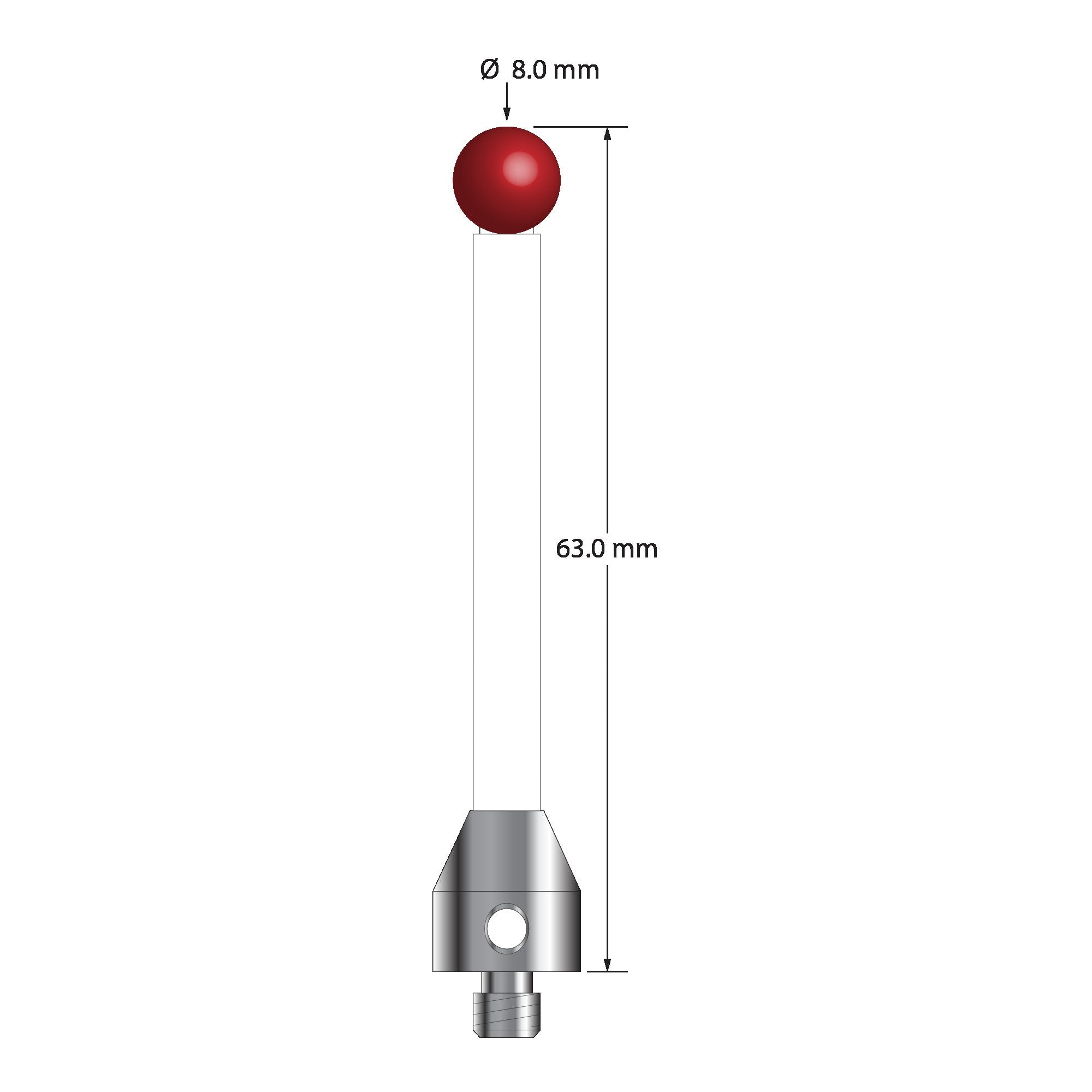 ATG-8063-C M5 stylus with 8.0mm ruby ball, ceramic stem, and aluminum base, 63.0mm long by Q-Mark Manufacturing, Inc.