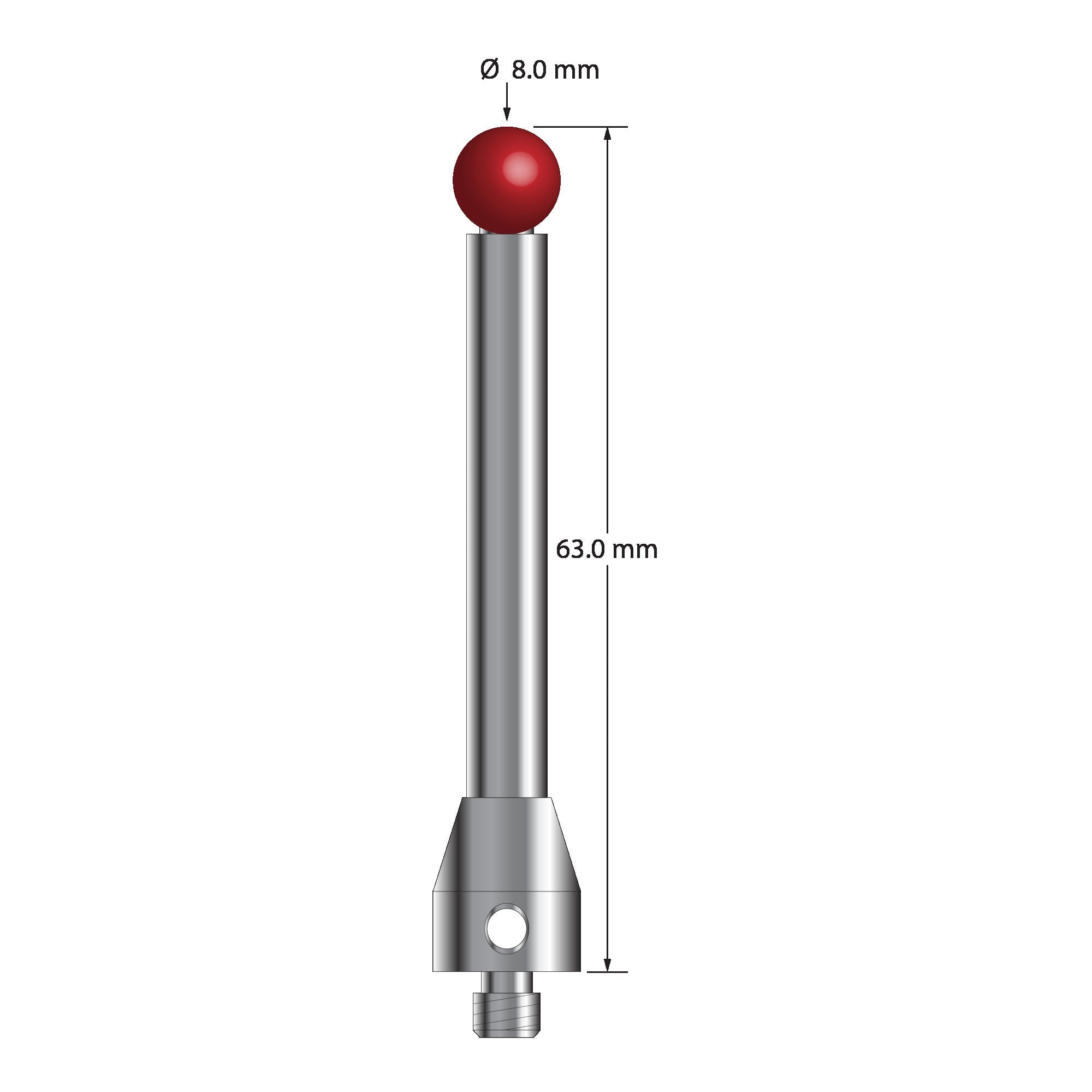 ATG-8063-DS6 M5 stylus with 8.0mm ruby ball, carbide stem, stainless steel base, 63.0mm long by Q-Mark Manufacturing, Inc.