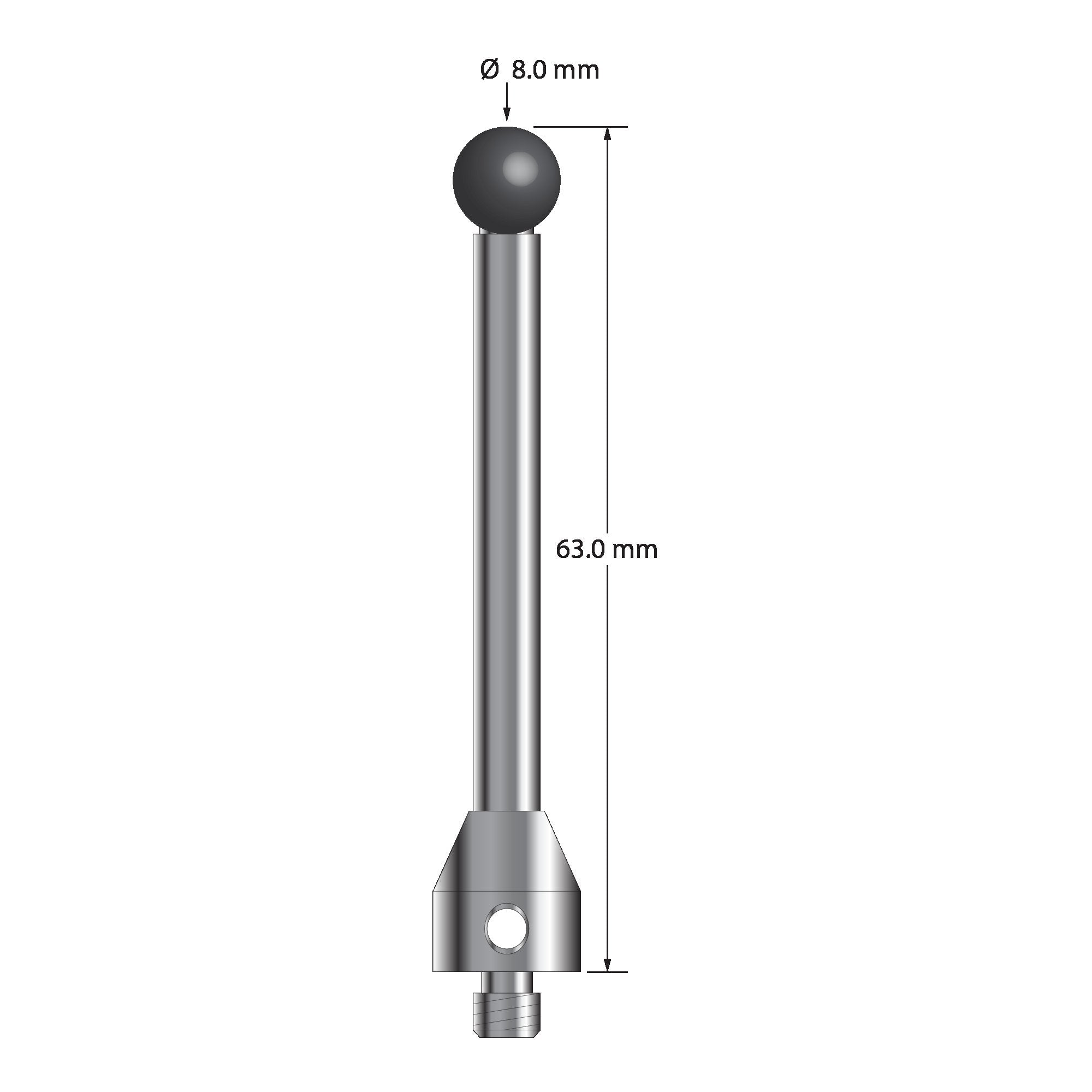 ATG-8063-SN M5 stylus with 8.0mm silicon nitride ball, carbide stem, and stainless steel base, 63.0mm long by Q-Mark Manufacturing, Inc.