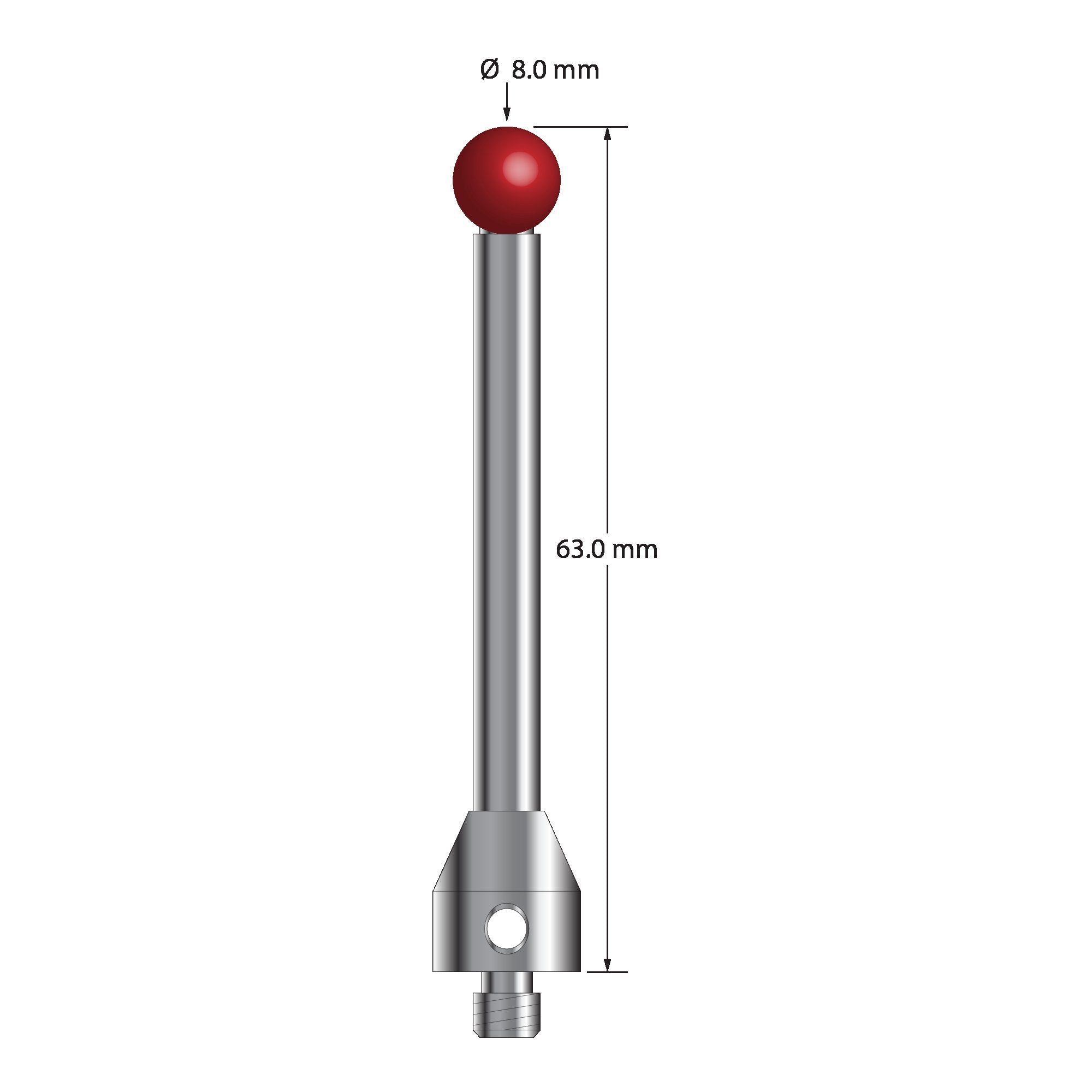 ATG-8063 M5 stylus with 8.0mm ruby ball, carbide stem, and stainless steel base, 63.0mm long by Q-Mark Manufacturing, Inc.