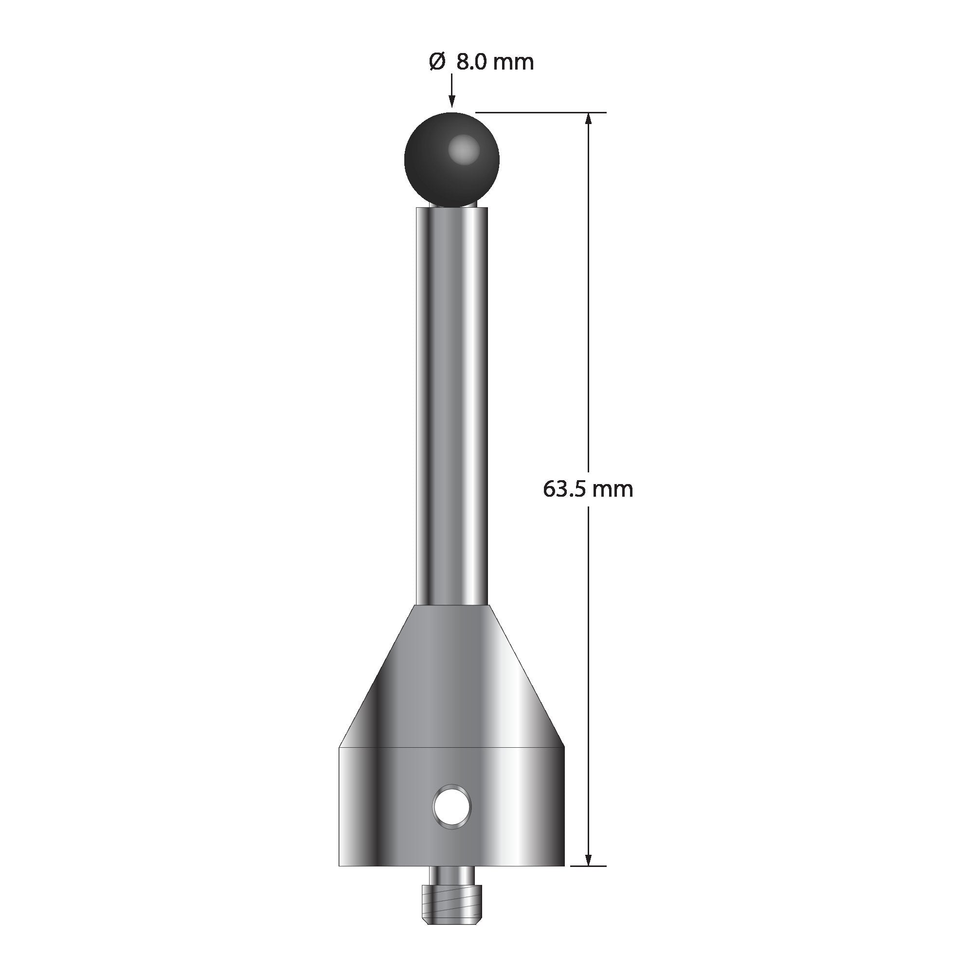 ATG-8063.5-19-SN M5 stylus with 8.0mm silicon nitride ball, carbide stem, and stainless steel base, 63.5mm long by Q-Mark Manufacturing, Inc.