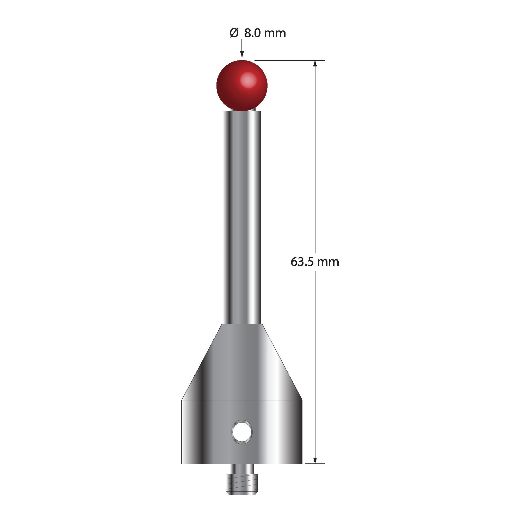 ATG-8063.5-19 M5 stylus with 8.0mm ruby ball, carbide stem, and stainless steel base, 63.5mm long by Q-Mark Manufacturing, Inc.