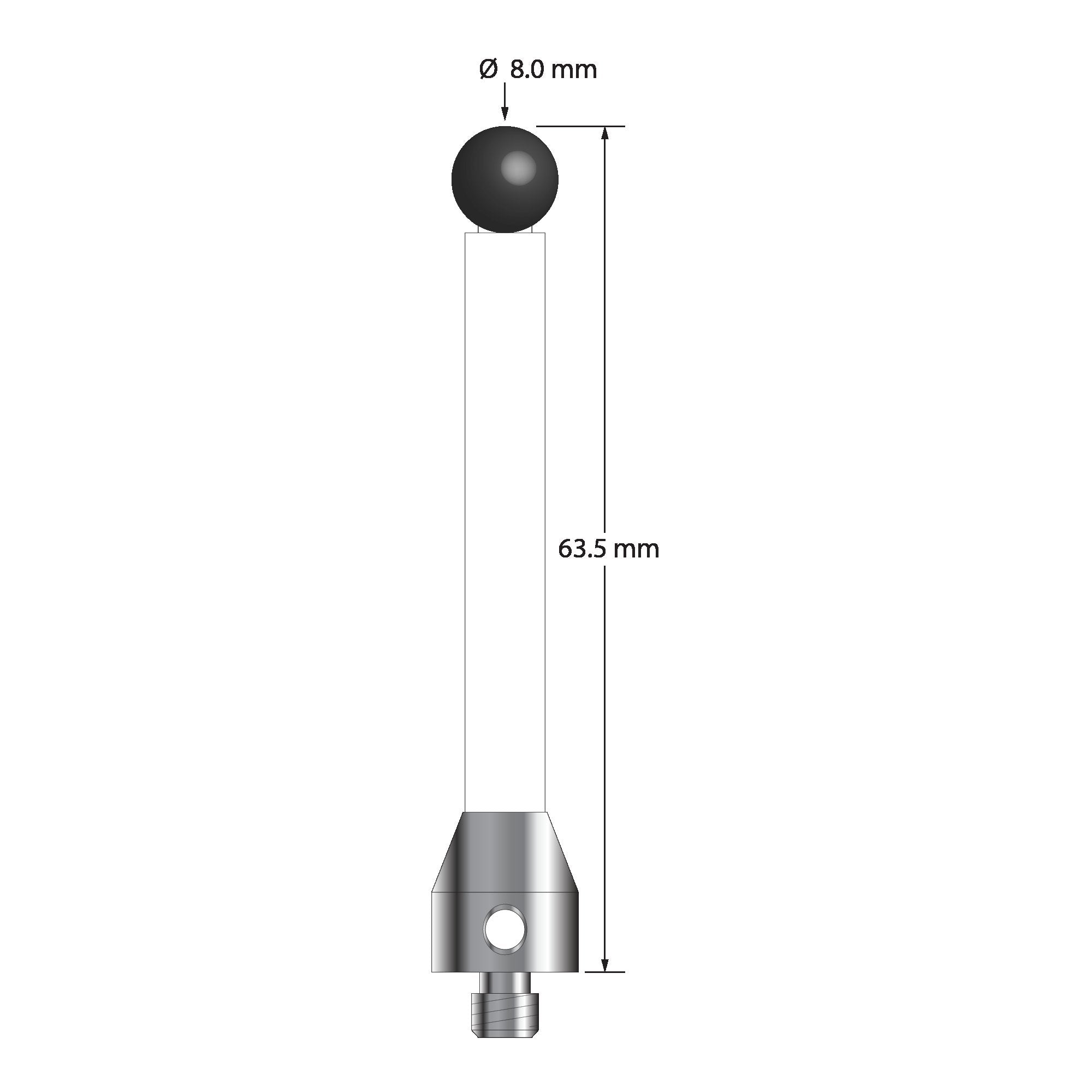 ATG-8063.5-C-SN M5 stylus with 8.0mm silicon nitride ball, ceramic stem, aluminum base, 63.5mm long by Q-Mark Manufacturing, Inc.