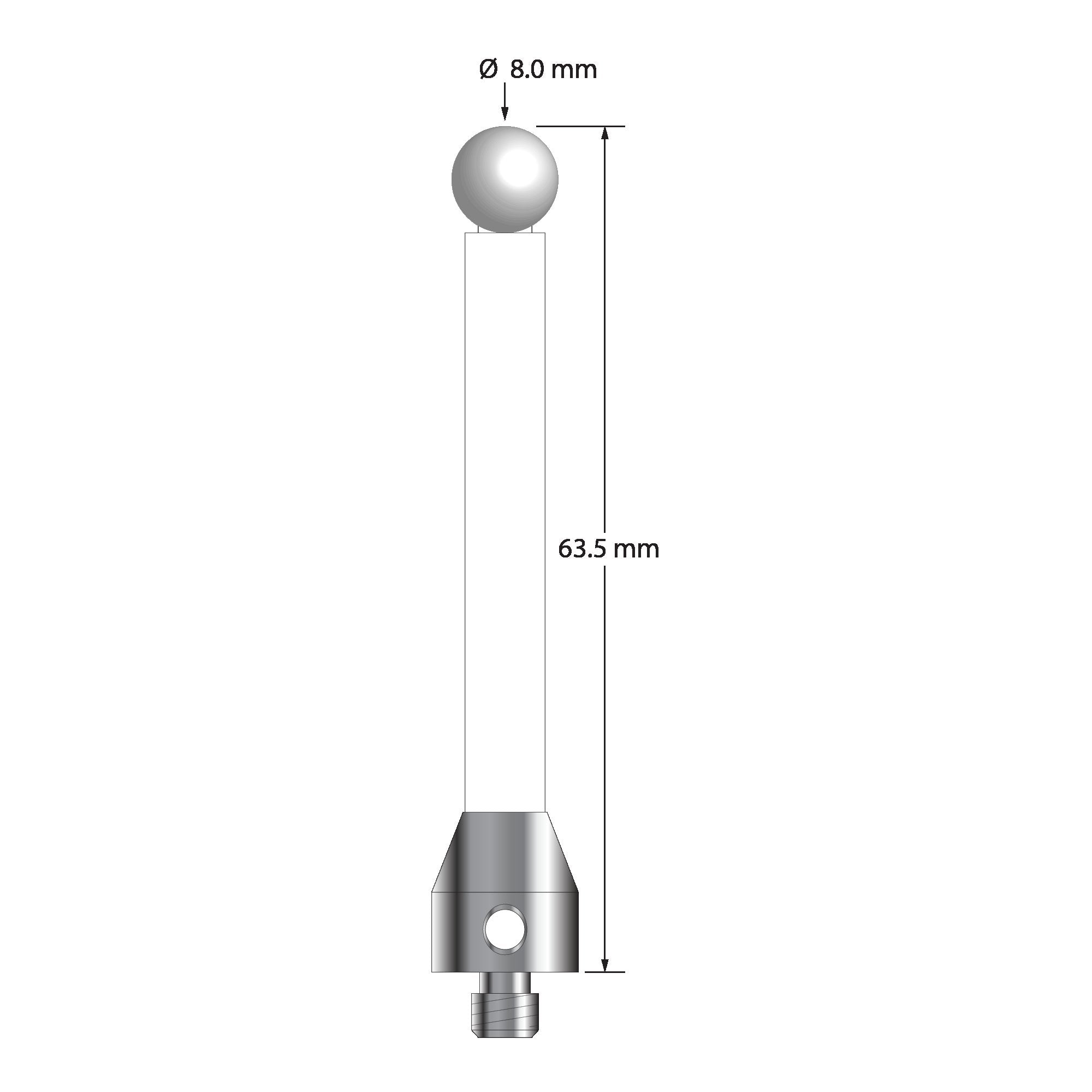 ATG-8063.5-C-Z M5 stylus with 8.0mm zirconia ball, ceramic stem, and aluminum base, 63.5mm long by Q-Mark Manufacturing, Inc.