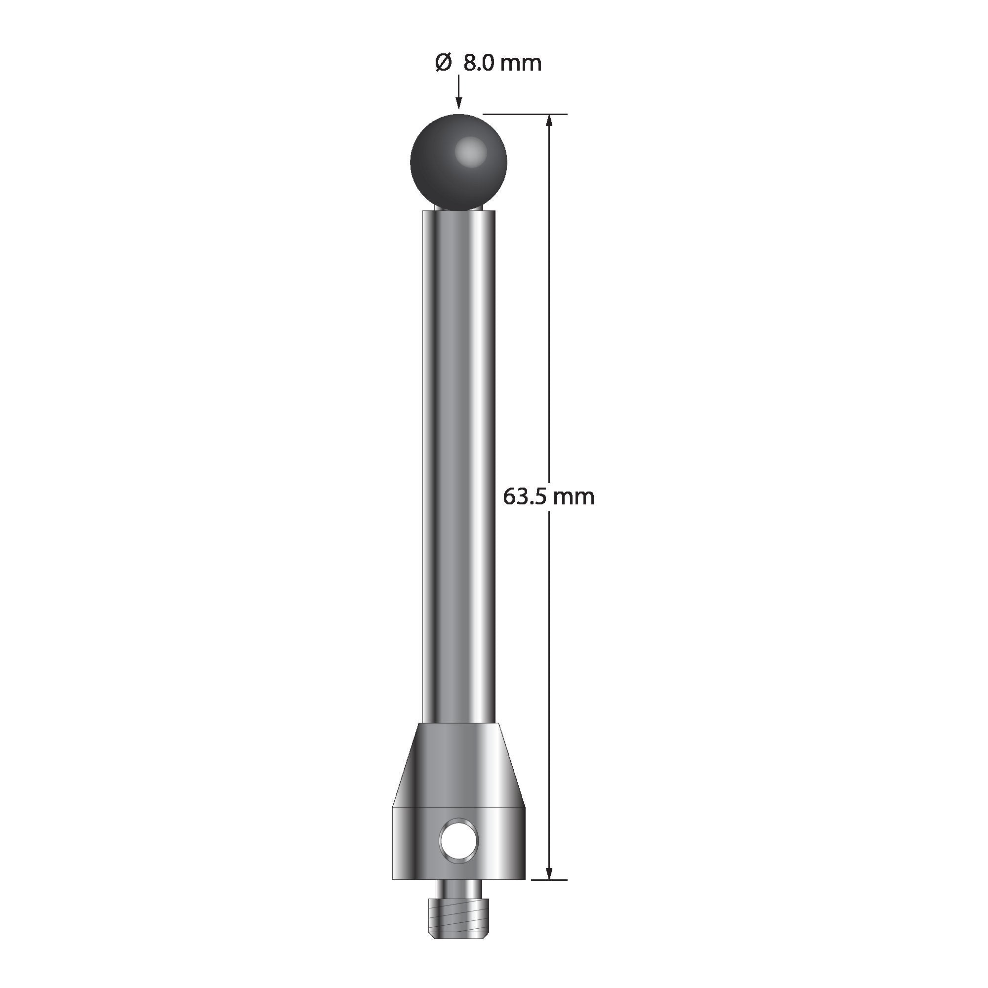 ATG-8063.5-SN M5 stylus with 8.0mm silicon nitride ball, carbide stem, and stainless steel base, 63.5mm long by Q-Mark Manufacturing, Inc.