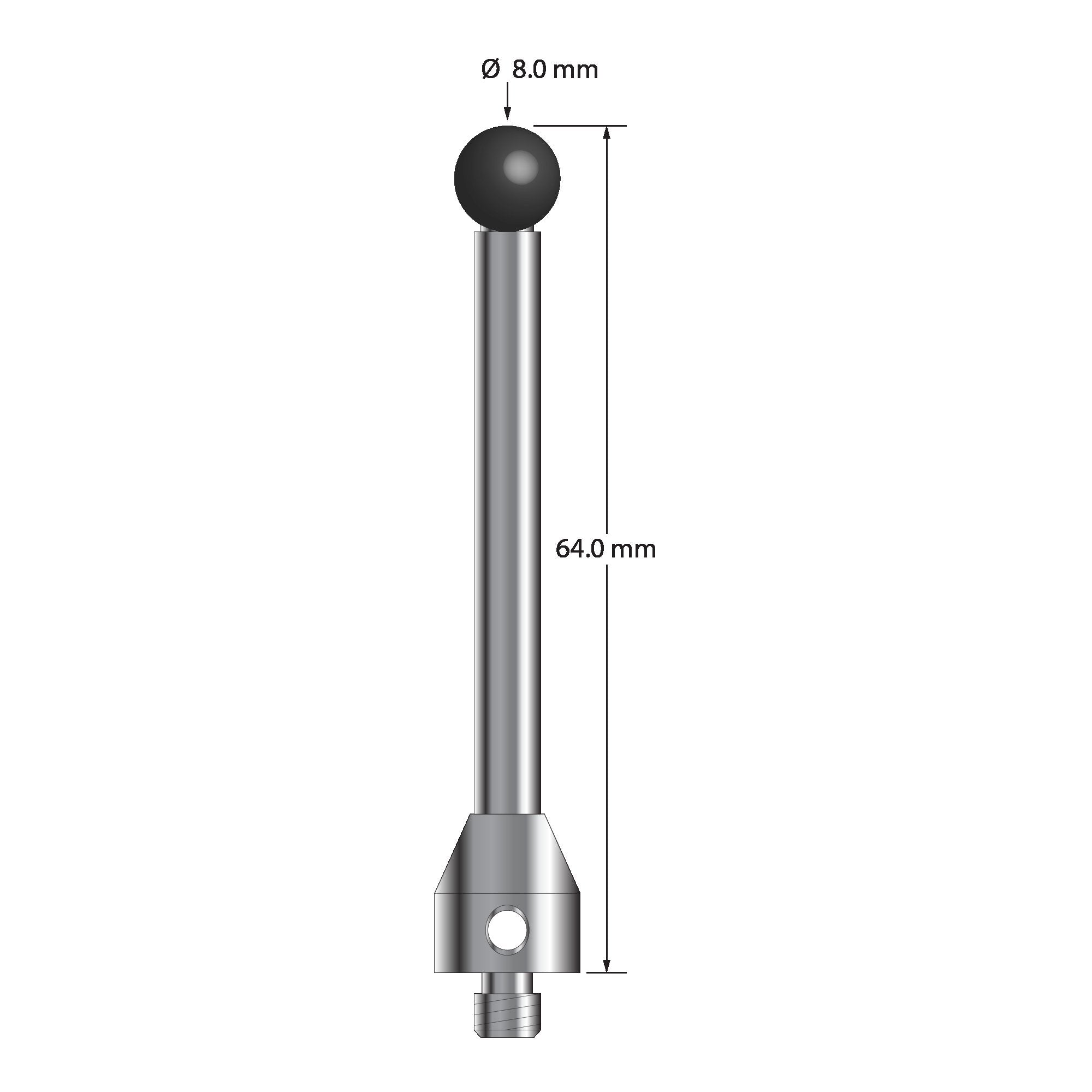 ATG-8064-SN M5 stylus with 8.0mm silicon nitride ball, carbide stem, and stainless steel base, 64.0mm long by Q-Mark Manufacturing, Inc.