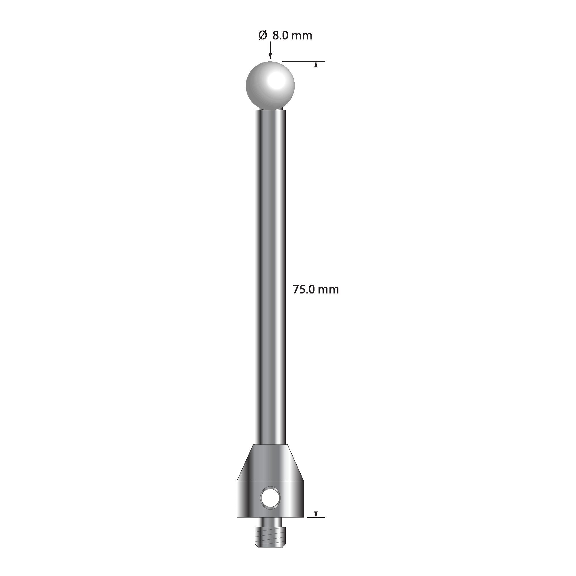 ATG-8075-Z M5 stylus with 8.0mm zirconia ball, carbide stem, and stainless steel base, 75.0mm long by Q-Mark Manufacturing, Inc.