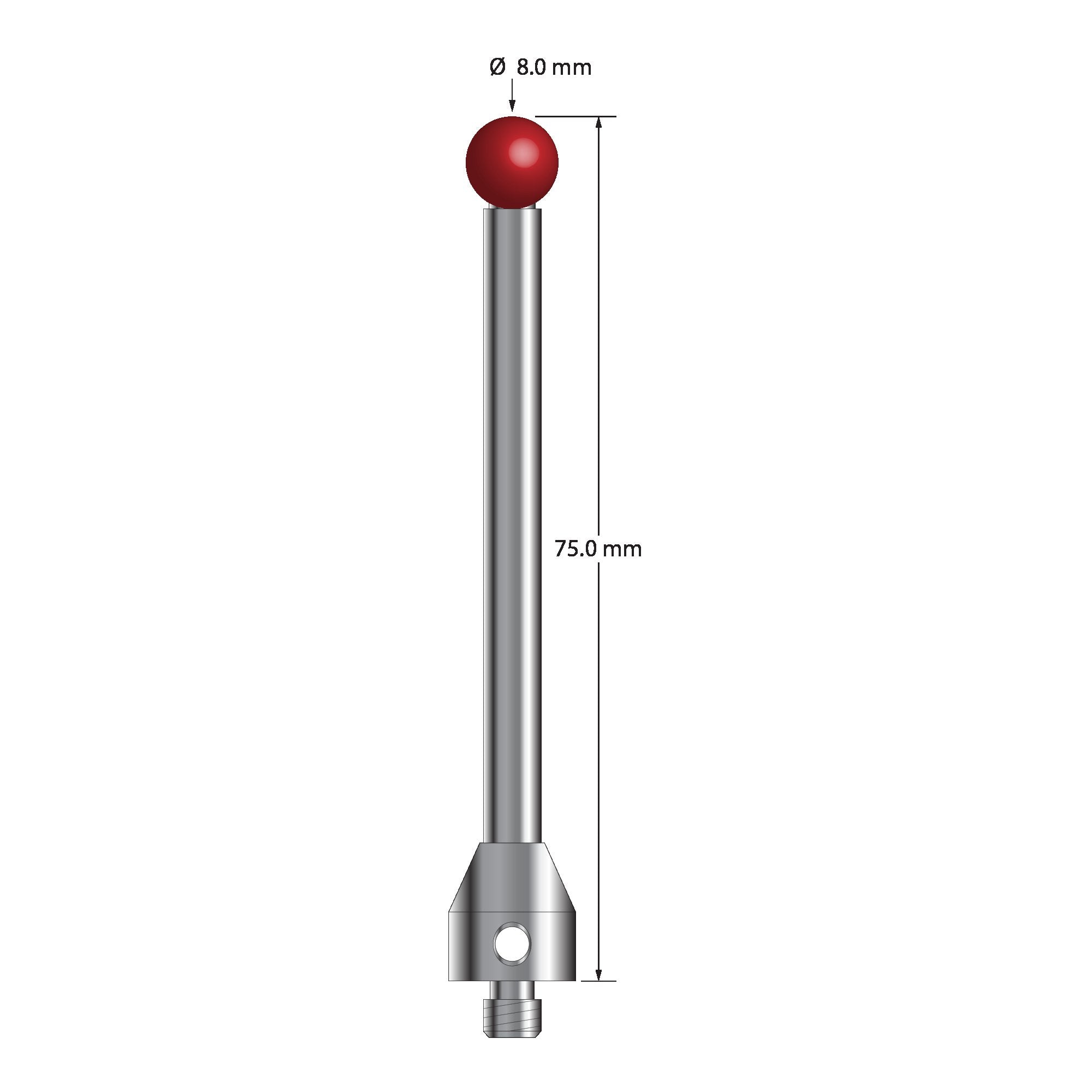 ATG-8075 M5 stylus with 8.0mm ruby ball, carbide stem, and stainless steel base, 75.0mm long by Q-Mark Manufacturing, Inc.