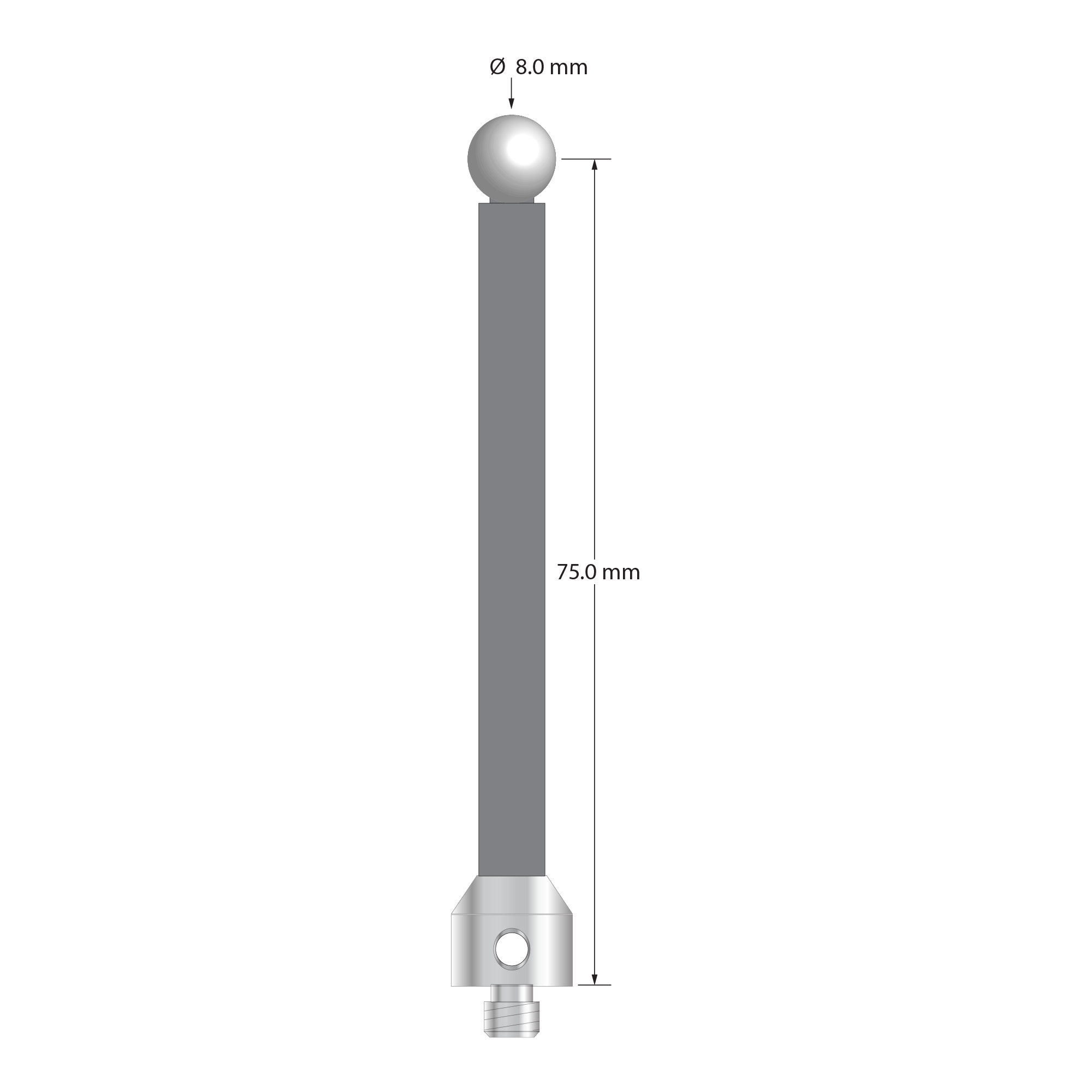 ATG-8079-G-Z M5 stylus with 8.0mm zirconia ball, carbon fiber stem, and stainless steel base, 75mm long by Q-Mark Manufacturing, Inc.