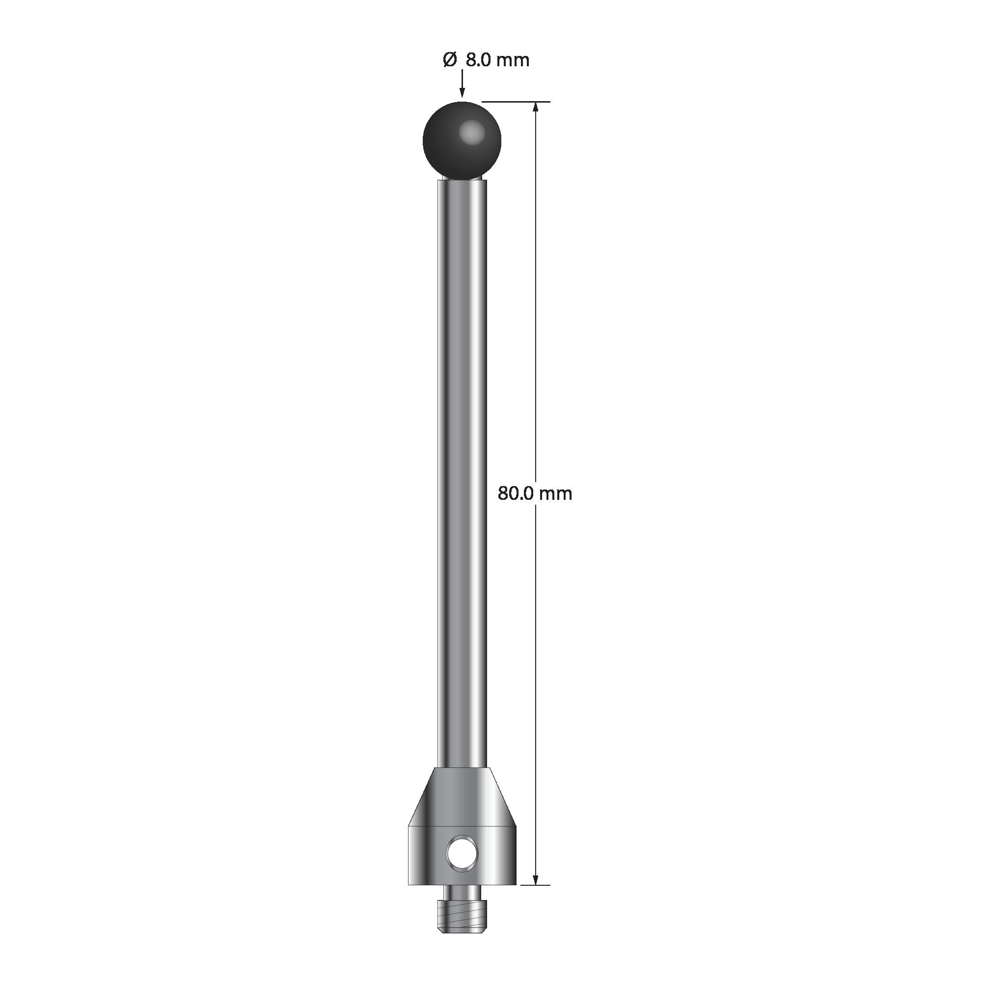 ATG-8080-SN M5 stylus with 8.0mm silicon nitride ball, carbide stem, and stainless steel base, 80.0mm long by Q-Mark Manufacturing, Inc.