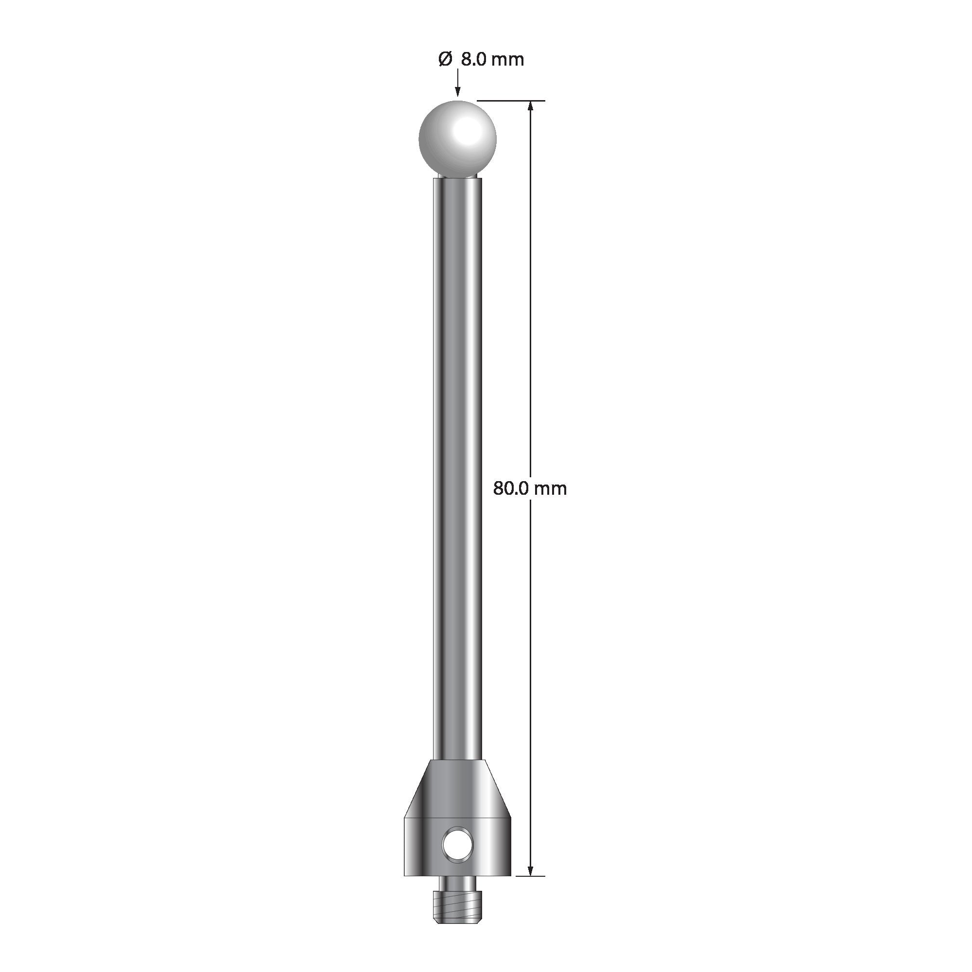 ATG-8080-Z M5 stylus with 8.0mm zirconia ball, carbide stem, and stainless steel base, 80.0mm long by Q-Mark Manufacturing, Inc.
