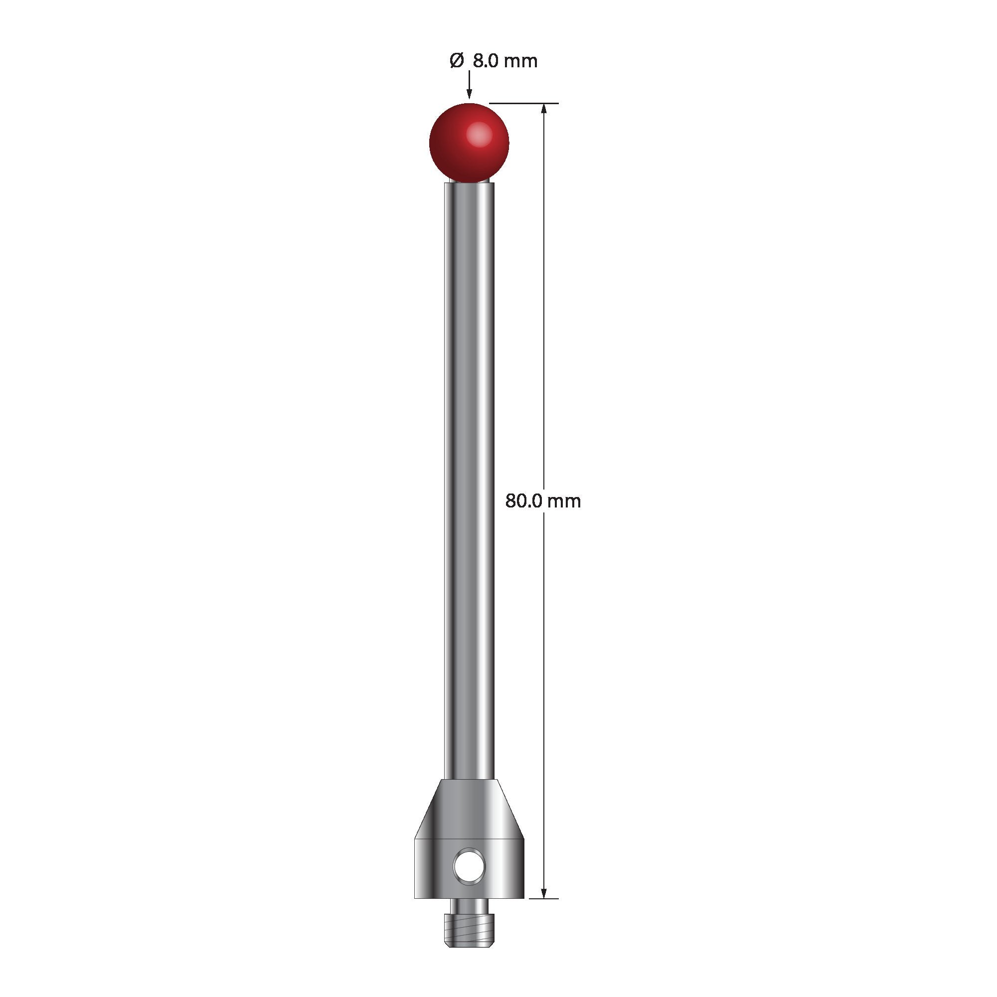 ATG-8080 M5 stylus with 8.0mm ruby ball, carbide stem, and stainless steel base, 80.0mm long by Q-Mark Manufacturing, Inc.