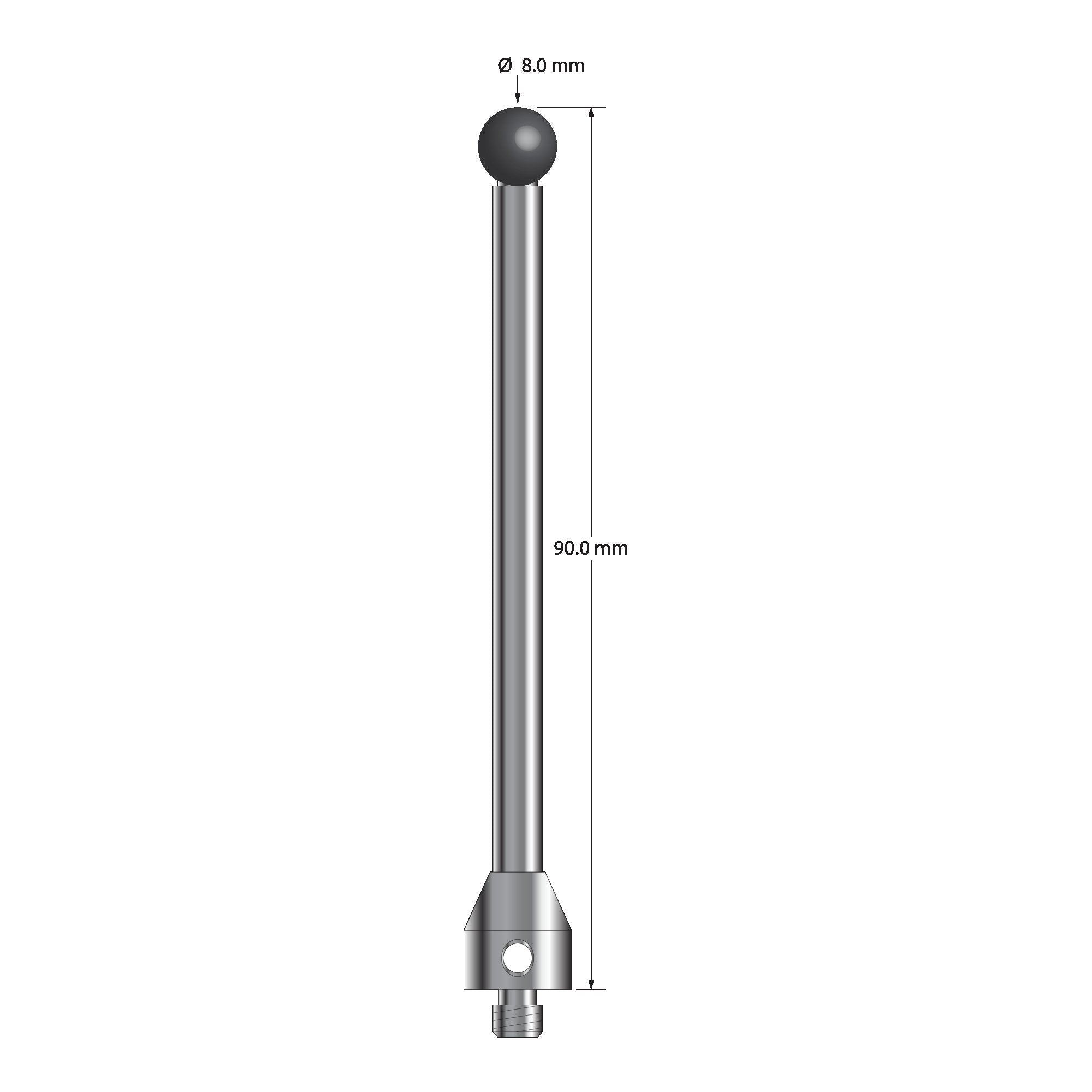 ATG-8090-SN M5 stylus with 8.0mm silicon nitride ball, carbide stem, and stainless steel base, 90.0mm long by Q-Mark Manufacturing, Inc.