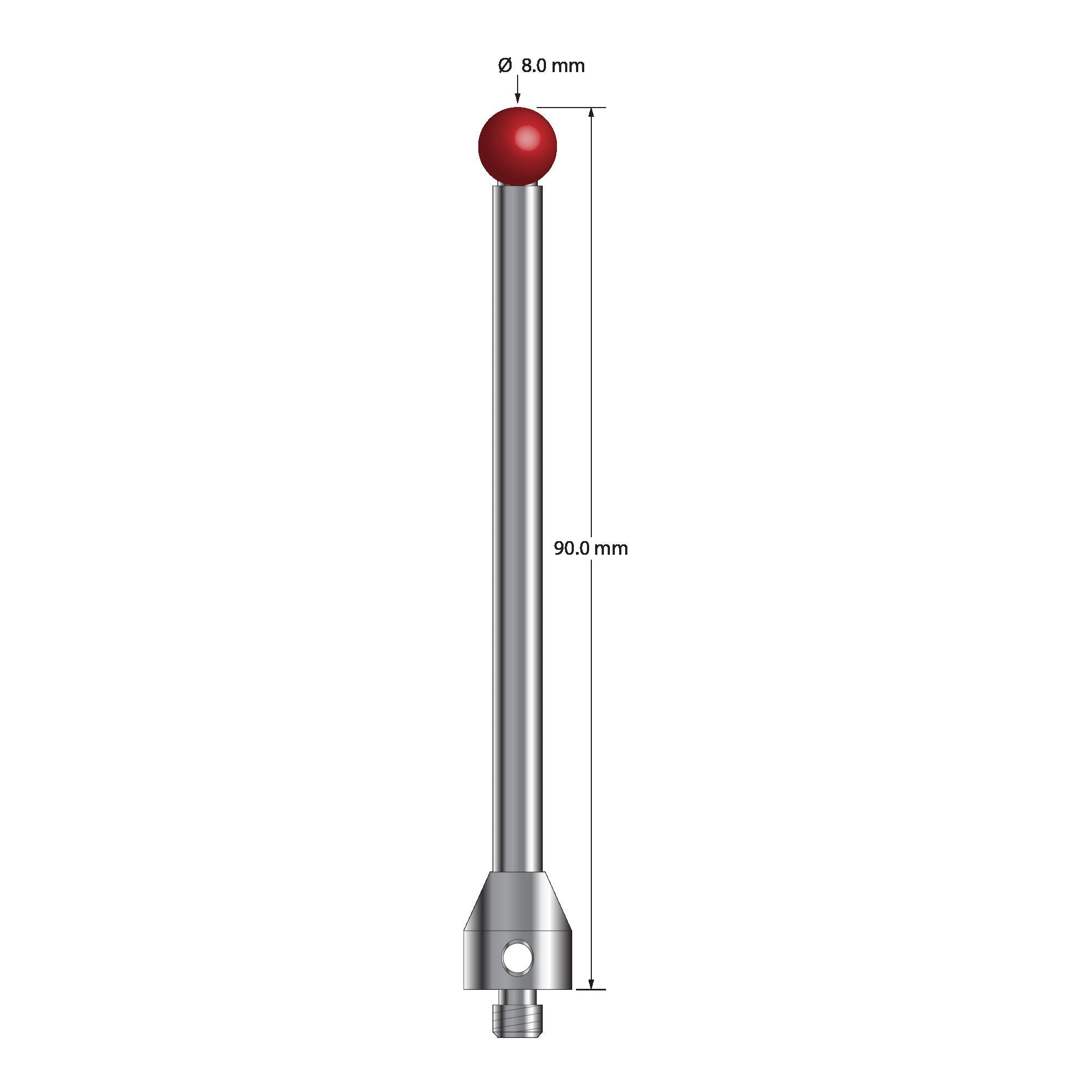 ATG-8090 M5 stylus with 8.0mm ruby ball, carbide stem, and stainless steel base, 90.0mm long by Q-Mark Manufacturing, Inc.