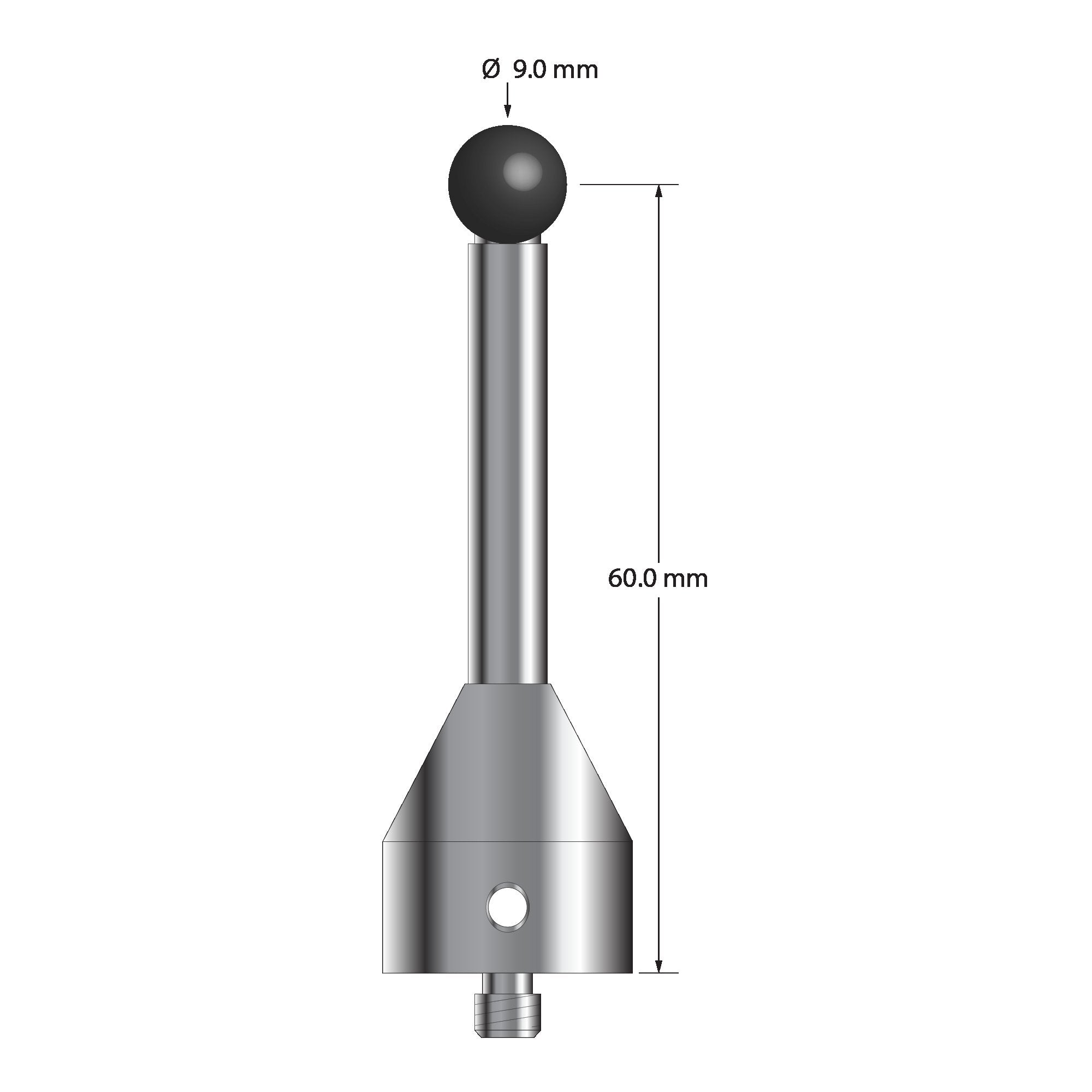 ATG-9064.5-19-SN M5 stylus with 9.0mm silicon nitride ball, carbide stem, and stainless steel base, 60.0mm long by Q-Mark Manufacturing, Inc.