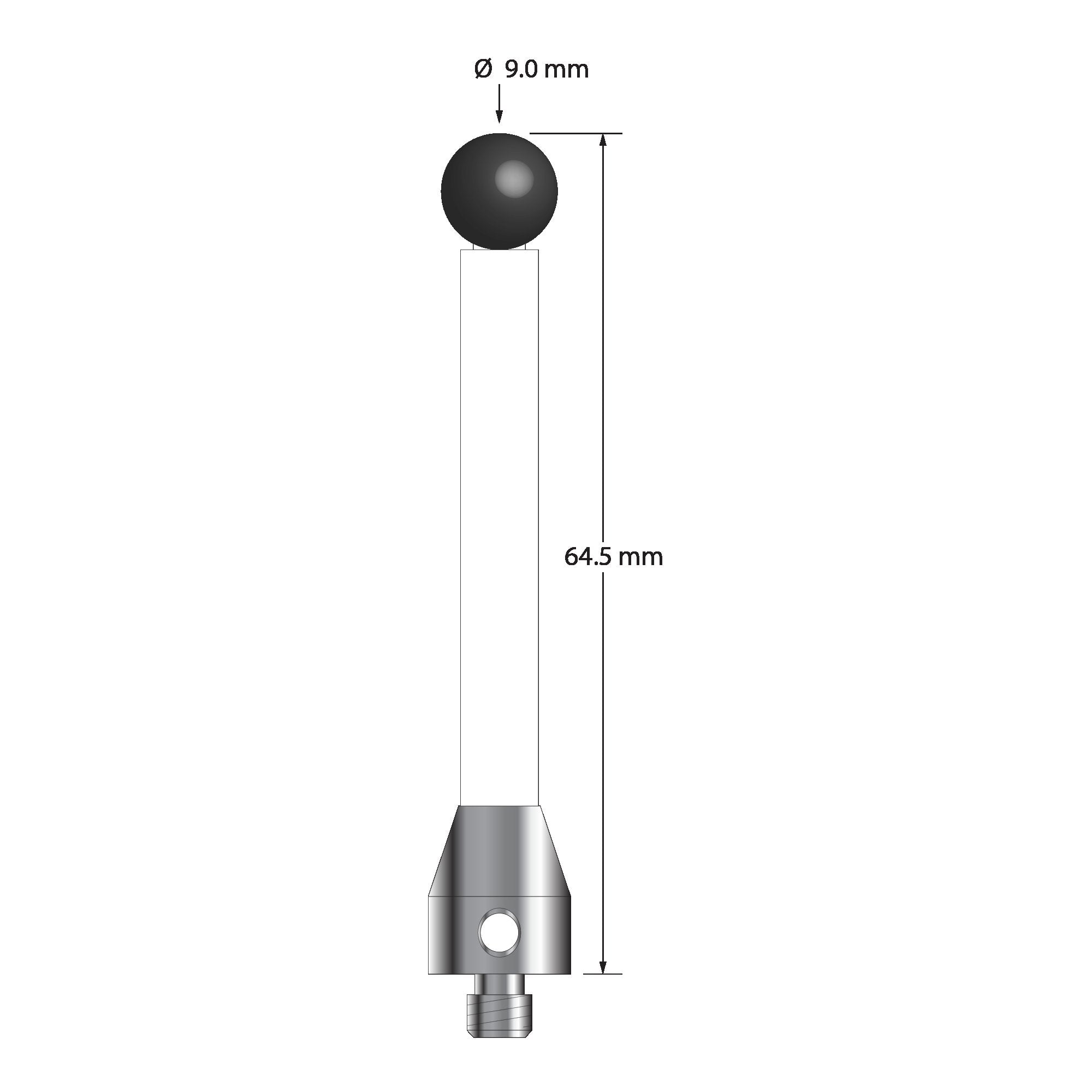 ATG-9064.5-C-SN M5 stylus with 9.0mm silicon nitride ball, ceramic shaft, and aluminum base, 64.5mm long.
