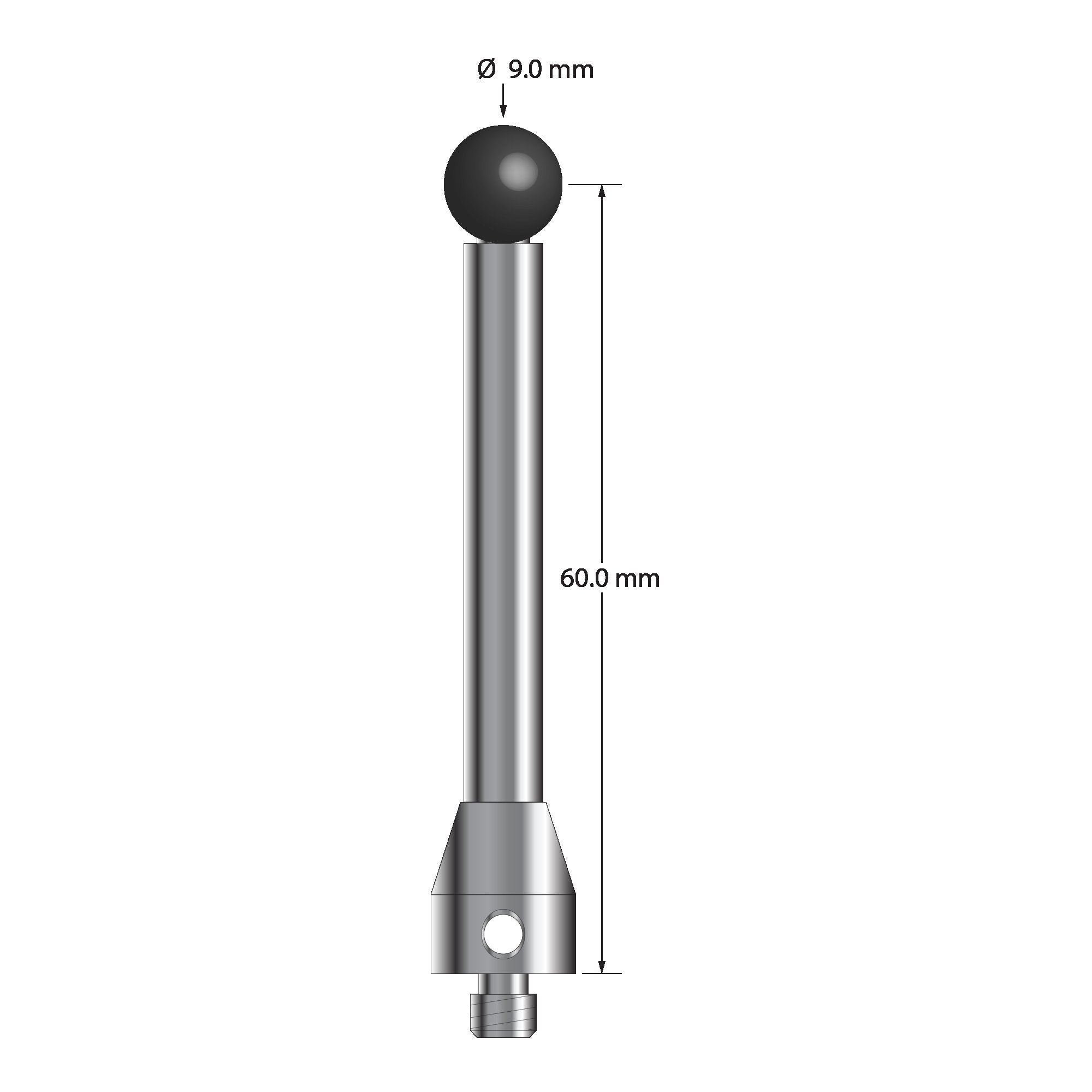ATG-9064.5-SN M5 stylus with 9.0mm silicon nitride ball, carbide stem, and stainless steel base, 60.0mm long by Q-Mark Manufacturing, Inc.