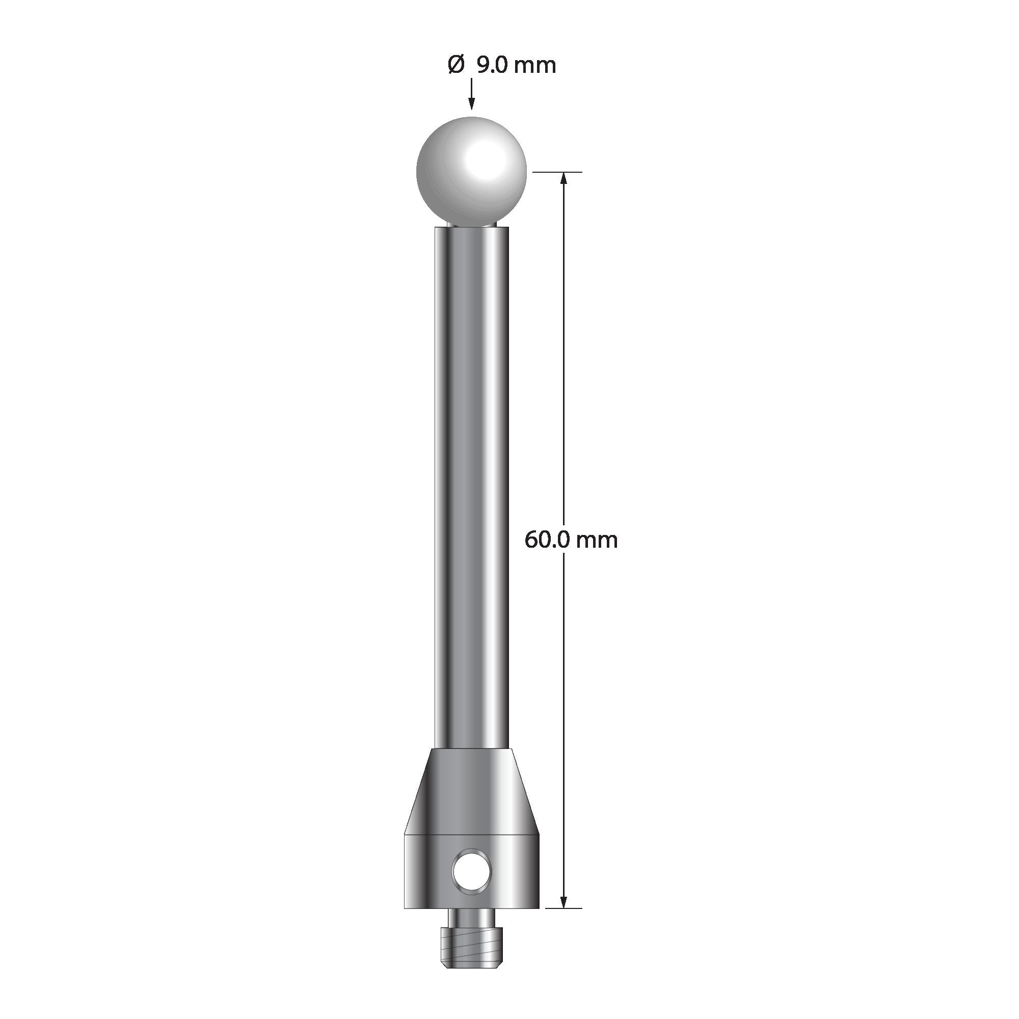 ATG-9064.5-Z M5 stylus with 9.0mm zirconia ball, carbide stem, and stainless steel base, 60.0mm long by Q-Mark Manufacturing, Inc.