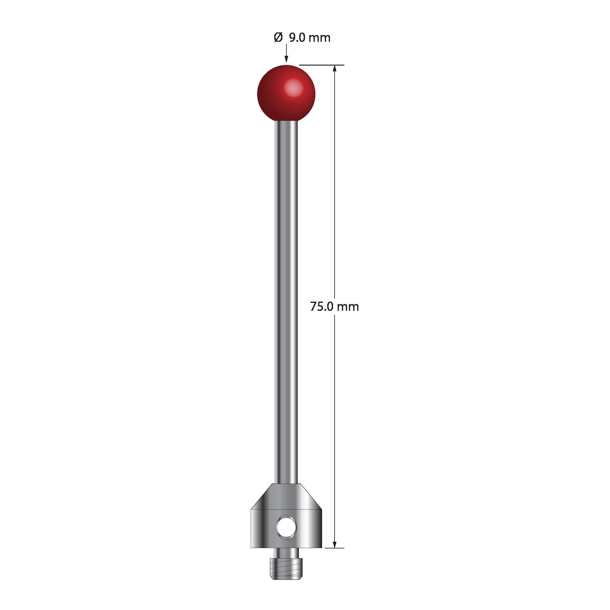 ATG-9075 M5 stylus with 9.0mm ruby ball, carbide stem, stainless steel base, 75.0mm long by Q-Mark Manufacturing, Inc.