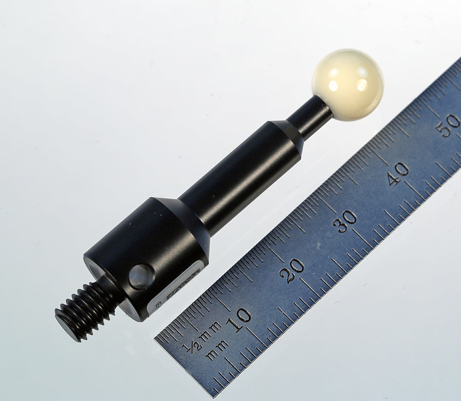 Grade 5 ceramic calibration sphere, 10.0 mm diameter. Mounted on blackened stainless steel post with M6 threads.  Independent laboratory certification included.