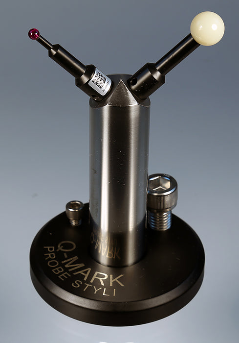 Blackened stainless steel base and stand for two calibration spheres.  Base diameter is 85.0 mm with 112.0 mm tall post.  Accepts calibration spheres with M6 threads.  Includes a stainless steel M12 cap screw for mounting to your CMM table, and a 1/4-20 cap screw for mounting to a threaded sub-plate.  Calibration spheres sold separately.  Compare to Zeiss 626106-9110-000.