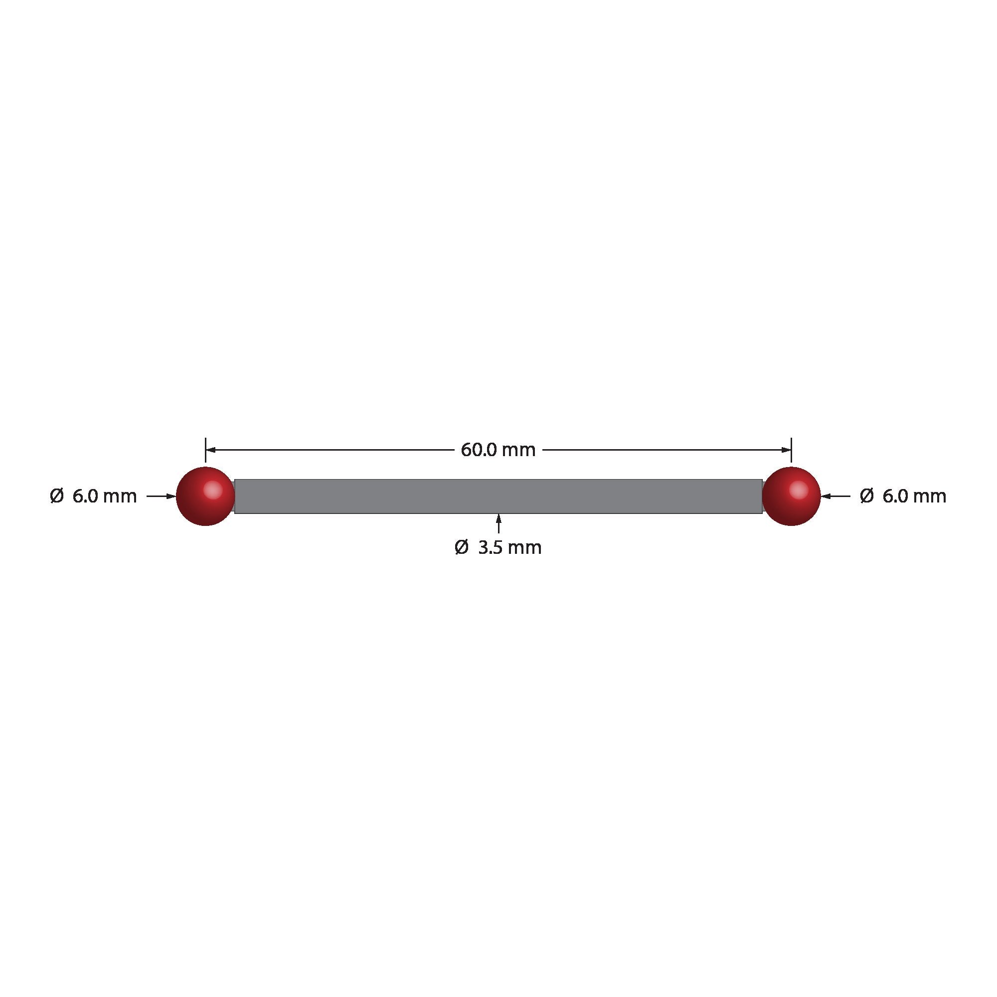 CT-6066 double-ended CT calibration artifact with two 6.0mm ruby spheres on a carbon fiber strut, 60.0mm apart.