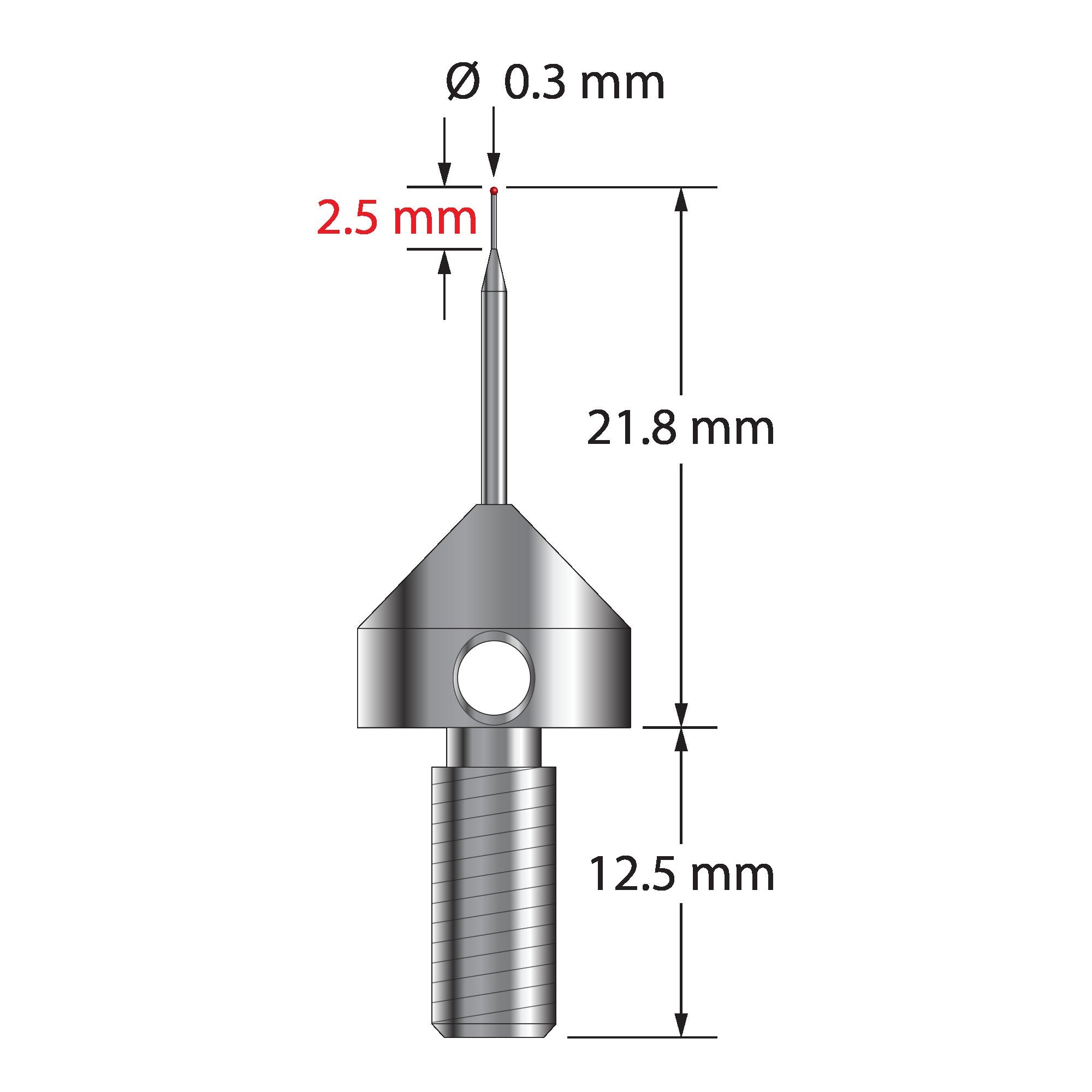 MSA-0322-R M5 stylus with 0.3mm ruby ball, tapered carbide shaft, and stainless steel base.
