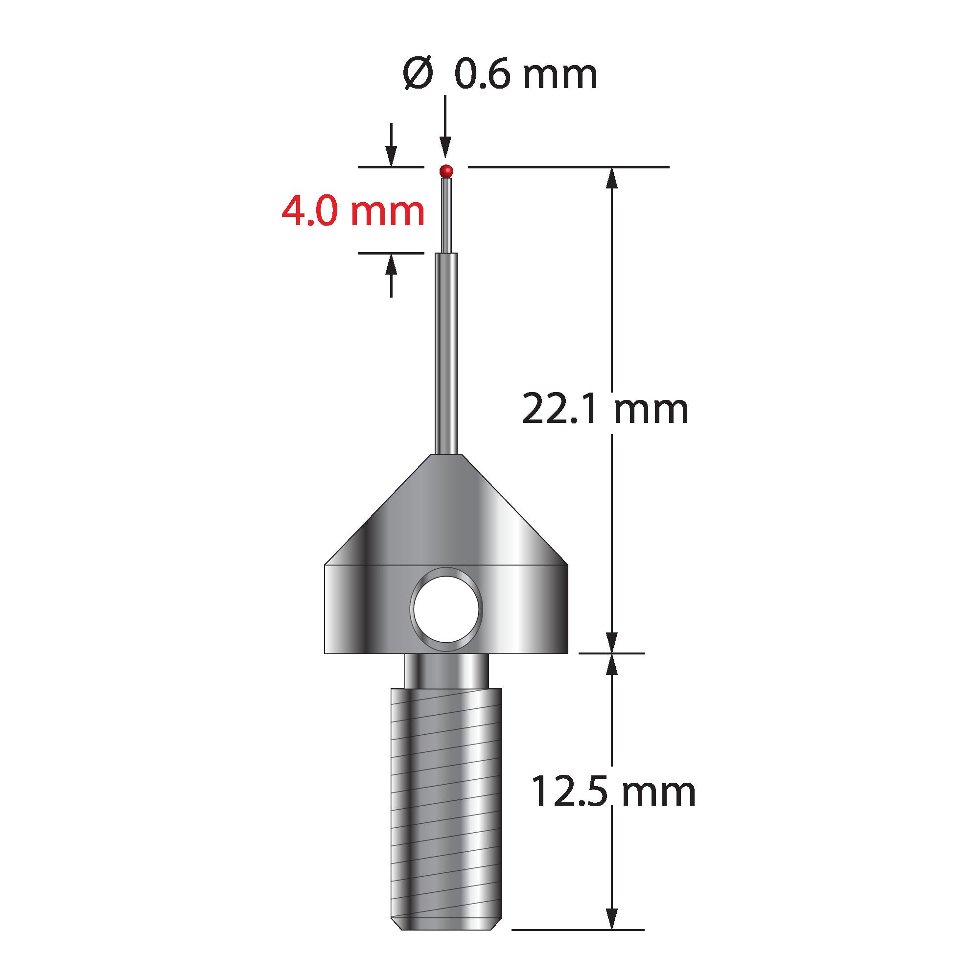 MSA-0622 M5 stylus with 0.6mm ruby ball, tapered carbide shaft, and stainless steel base, 22.1mm long.