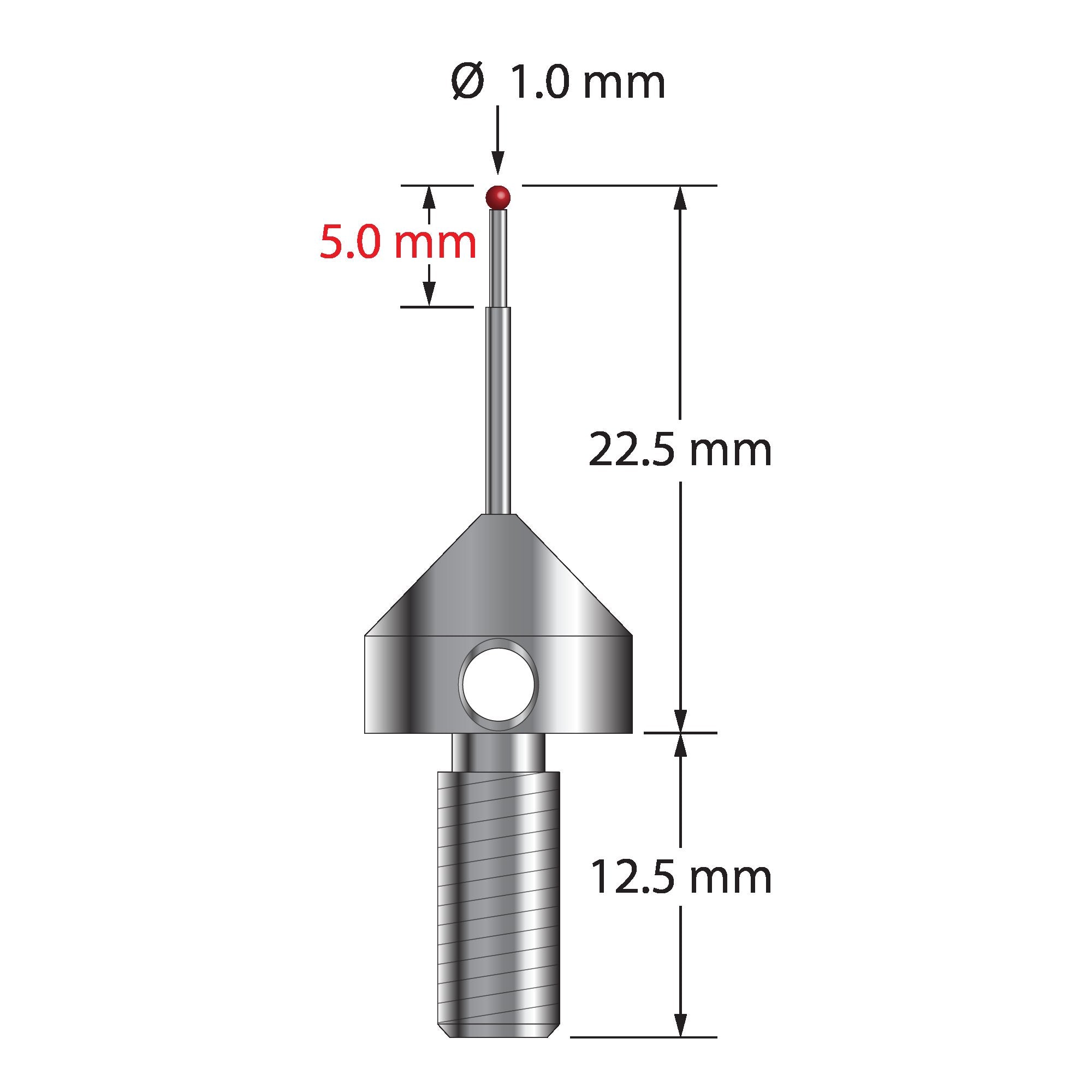 MSA-1023 M5 stylus with 1.0mm ruby ball, tapered carbide shaft, and stainless steel base, 22.5mm long by Q-Mark Manufacturing, Inc.
