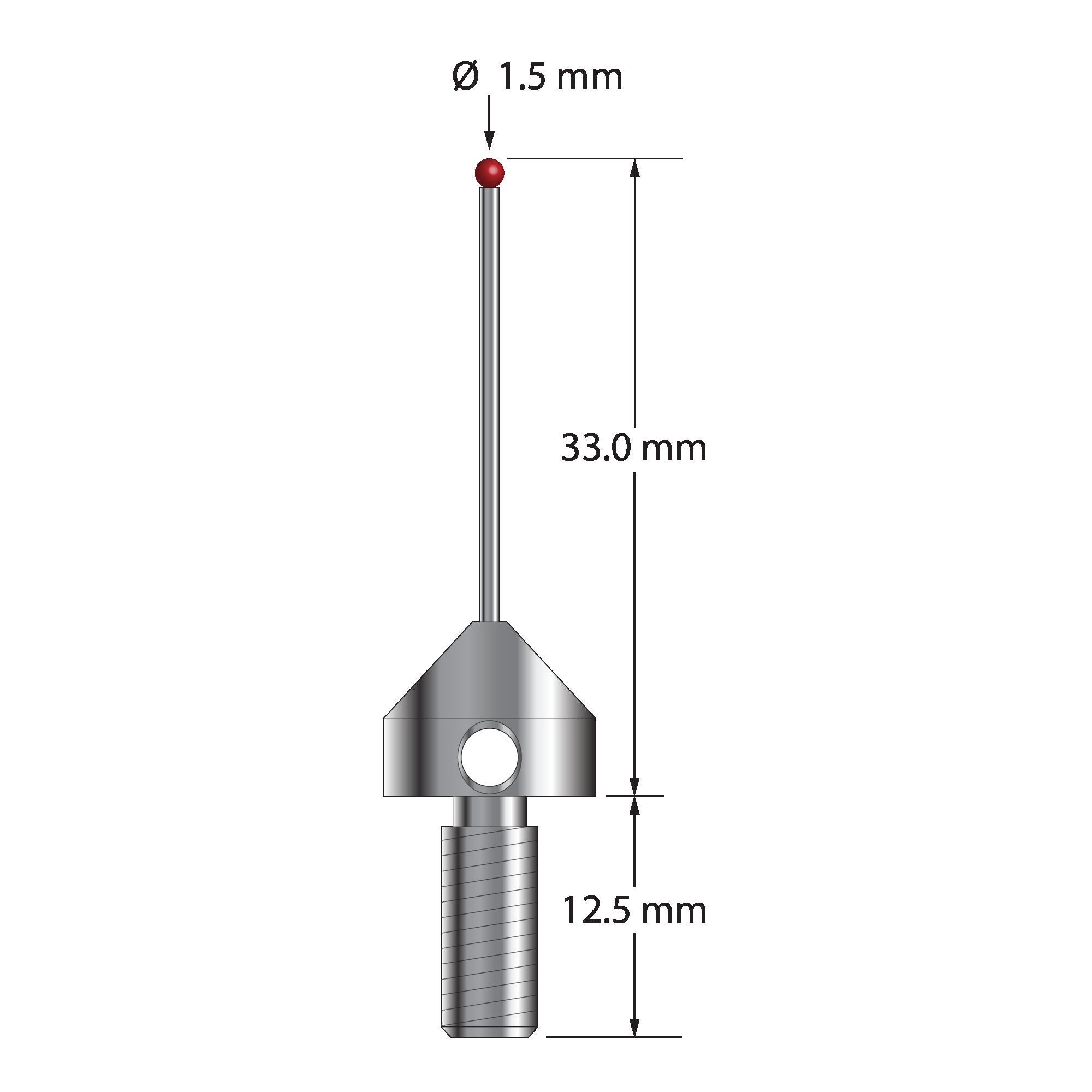 MSA-1533 M5 stylus with 1.5mm ruby ball, carbide shaft, and stainless steel base, 33mm long.