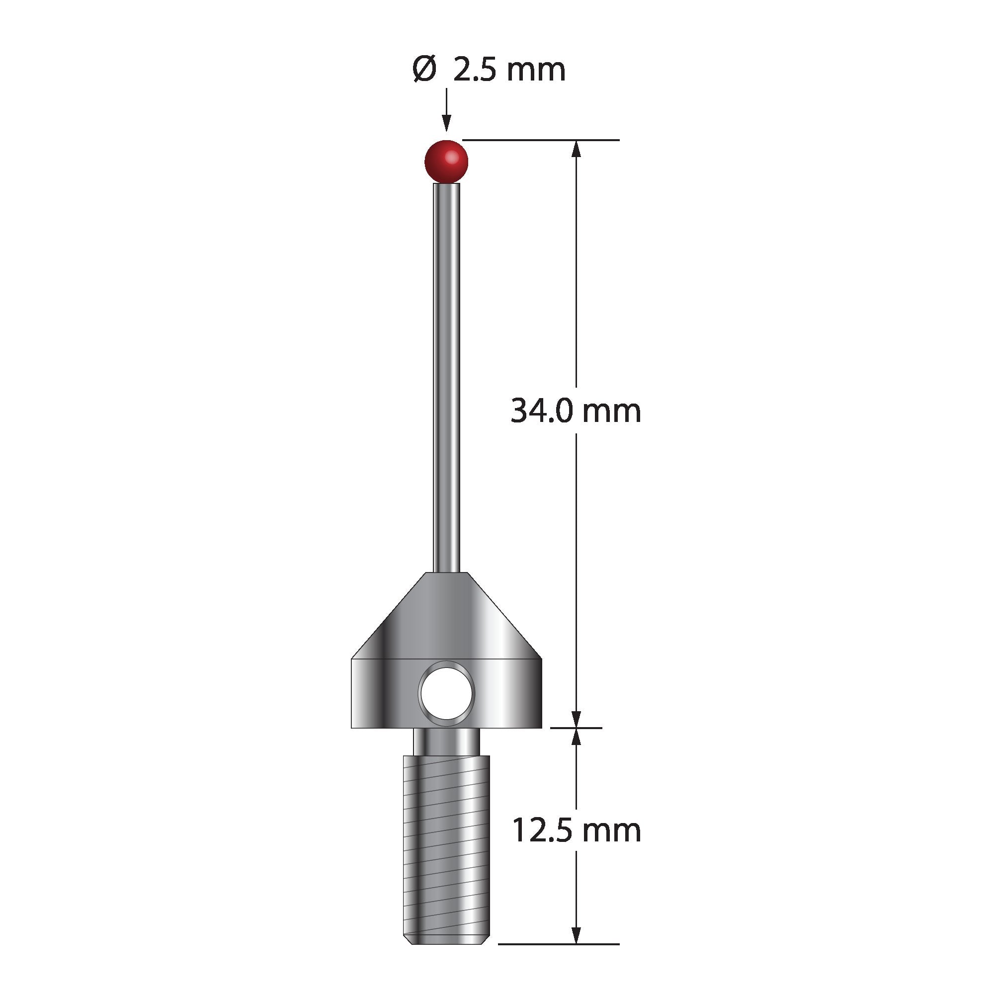 MSA-2534 M5 stylus with 2.5mm ruby ball, carbide shaft, and stainless steel base, 34mm long.