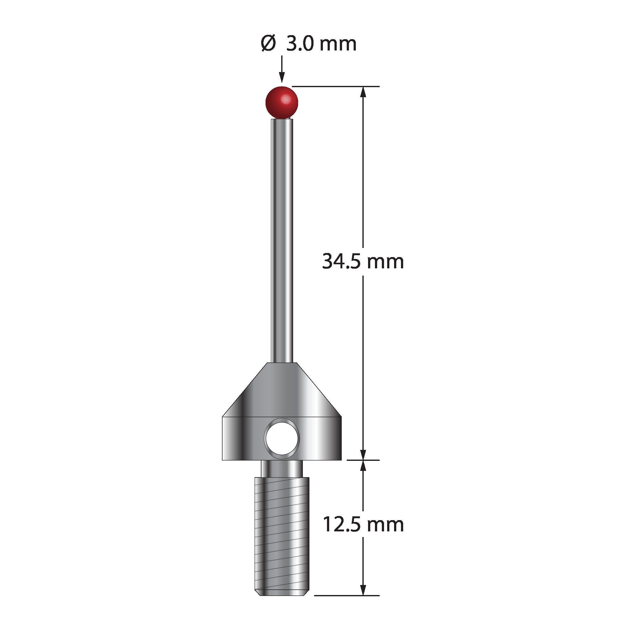 MSA-3034.5 M5 stylus with 3.0mm ruby ball, carbide shaft, and stainless steel base, 34.5mm long by Q-Mark Manufacturing, Inc.