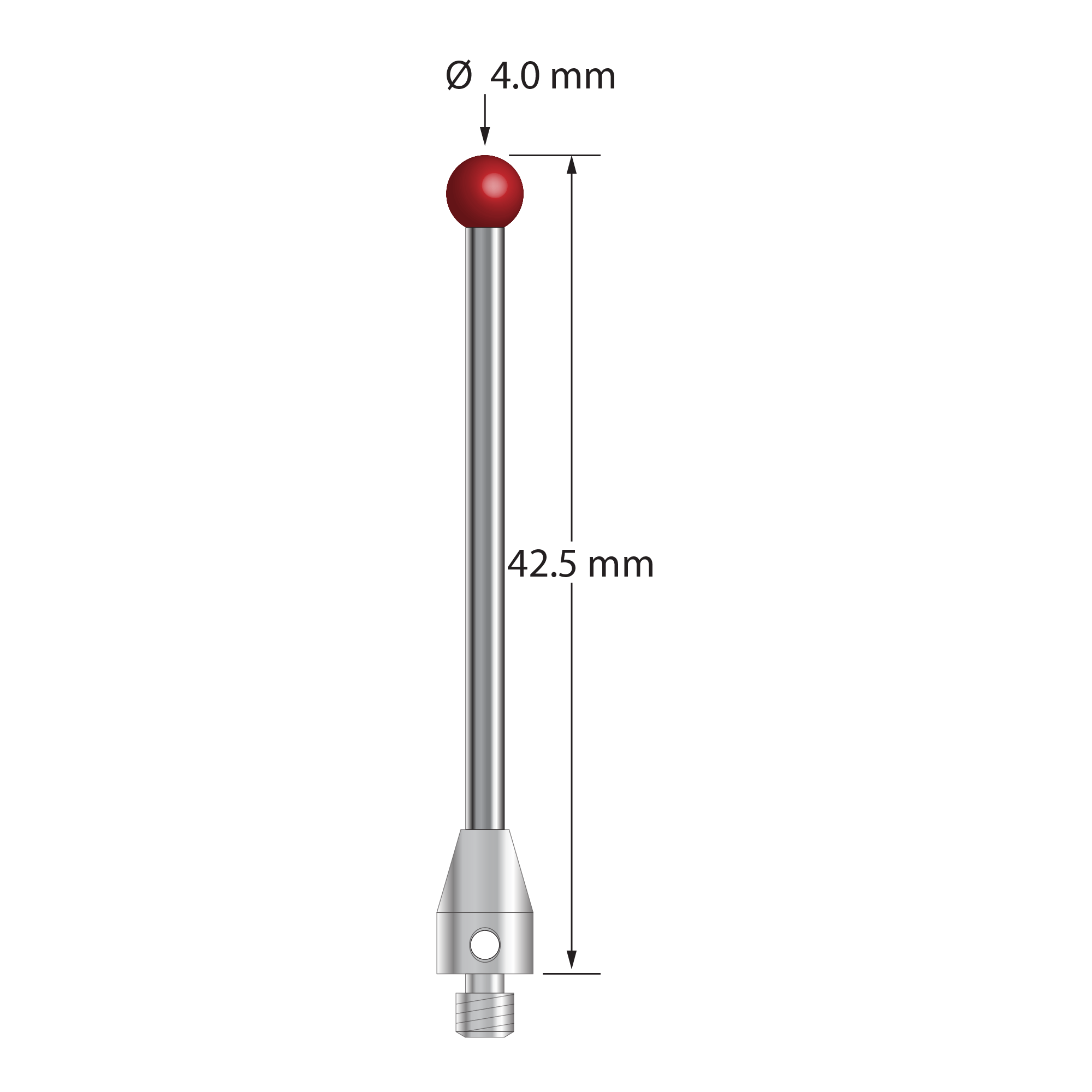 MTL-4042.5 M3 stylus with 4.0mm ruby ball, carbide stem, and stainless steel base, 42.5mm long.
