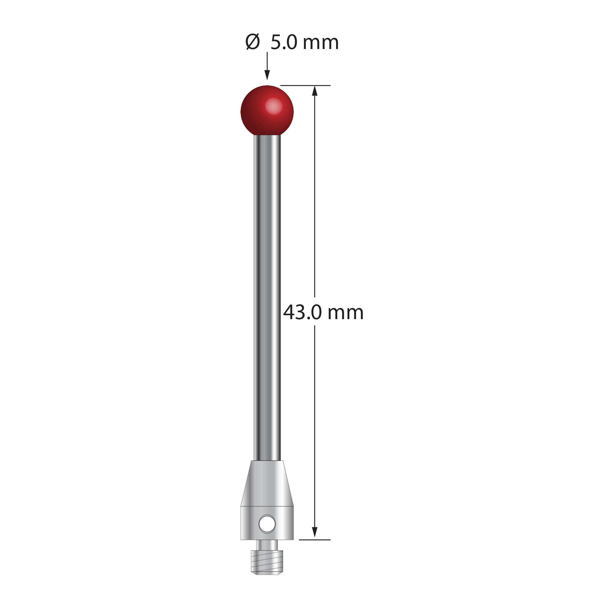 MTL-5043 M3 stylus with 5.0mm ruby ball, carbide stem, and stainless steel base, 43.0mm long by Q-Mark Manufacturing, Inc.