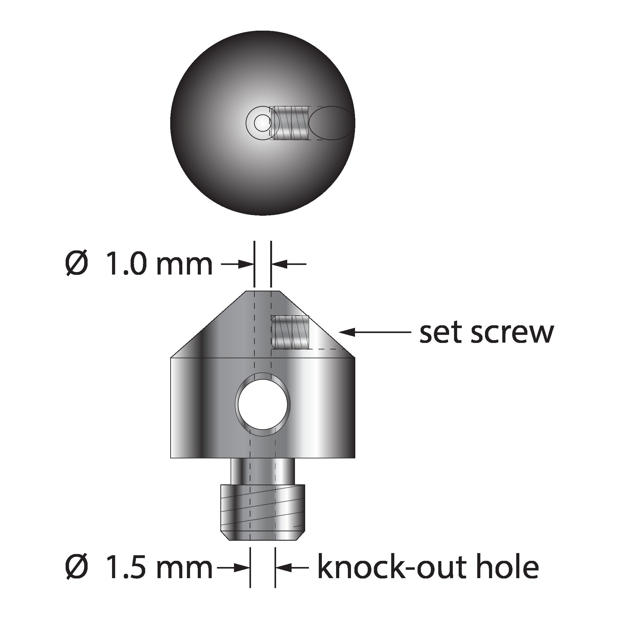 QC-100 stylus holder, stainless steel, M5 thread, for 1.0mm unthreaded stylus, with hex wrench.